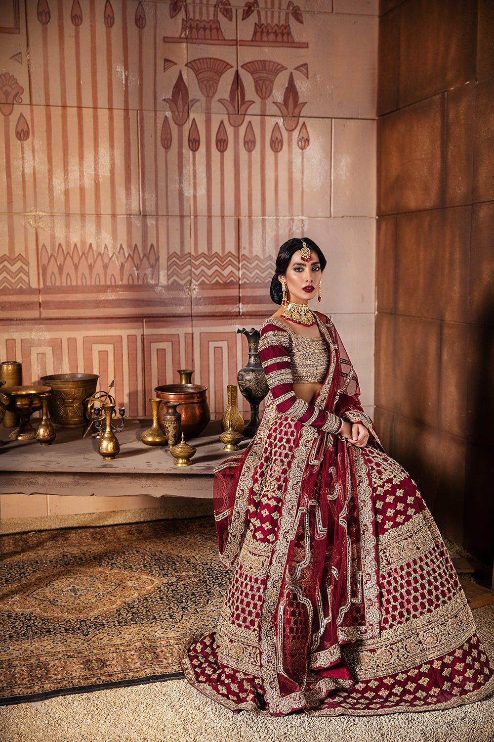 Maroon Hand-Embellished Silk Bridal Lehenga Choli (3-Piece) - Image 2
