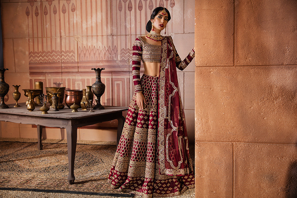 Maroon Hand-Embellished Silk Bridal Lehenga Choli (3-Piece) - Image 3