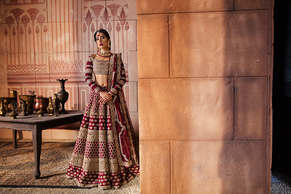 Maroon Hand-Embellished Silk Bridal Lehenga Choli (3-Piece) - Image 4