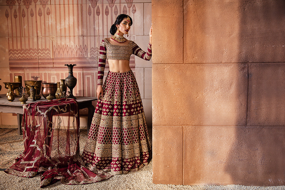 Maroon Hand-Embellished Silk Bridal Lehenga Choli (3-Piece) - Image 6