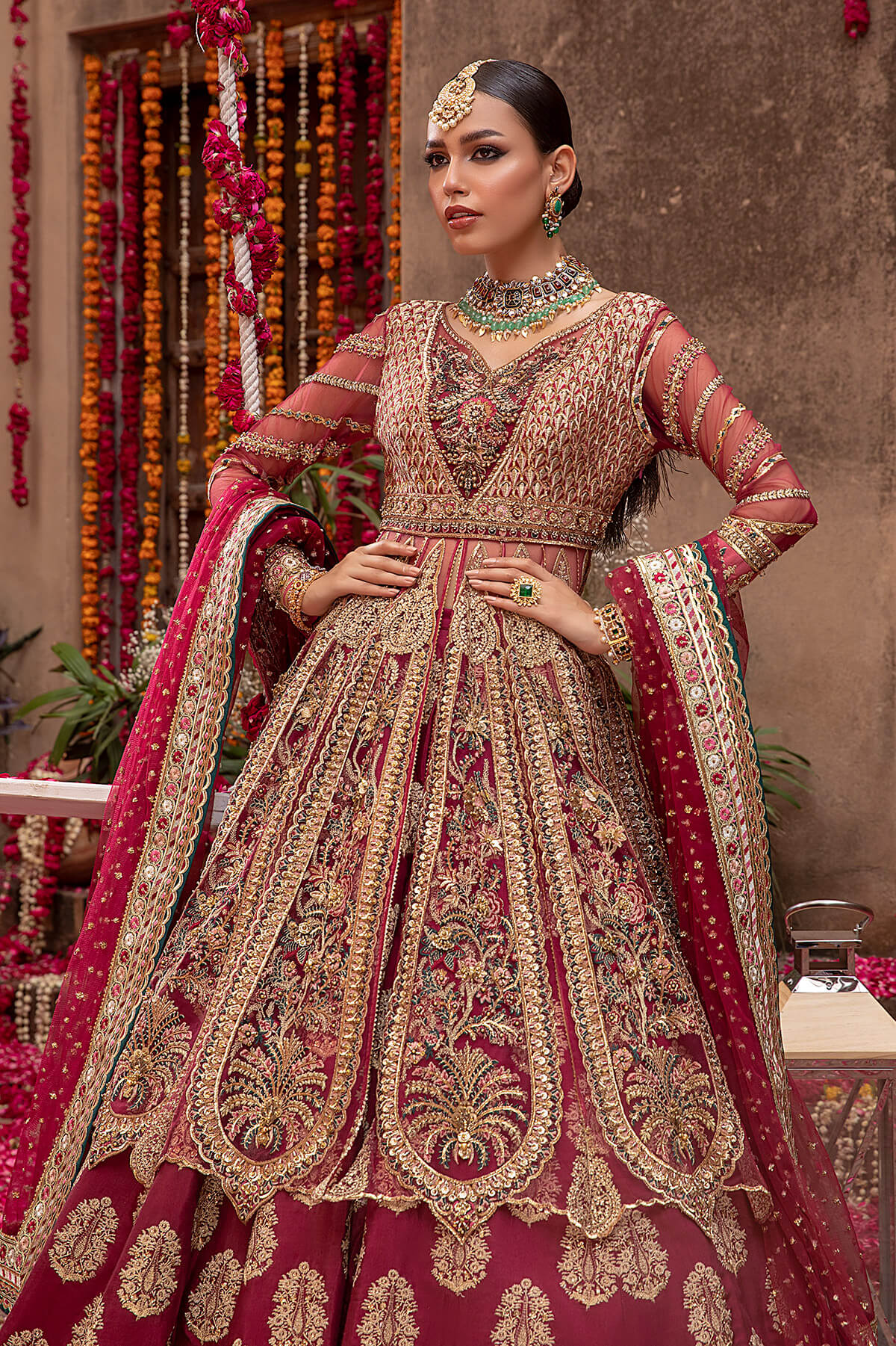 Pakistani Deep Maroon Embroidered Silk & Net Pishwas (3-Piece) - Image 3