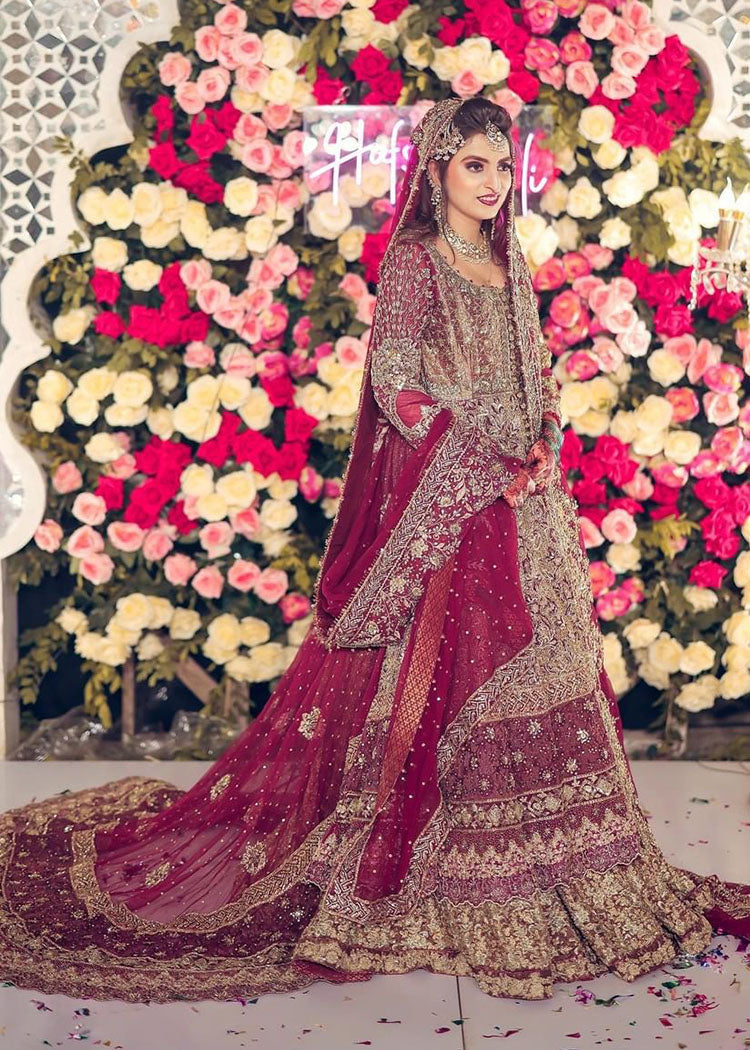 Pakistani Deep Maroon Zardozi Silk Bridal Lehenga (3-Piece) - Image 1