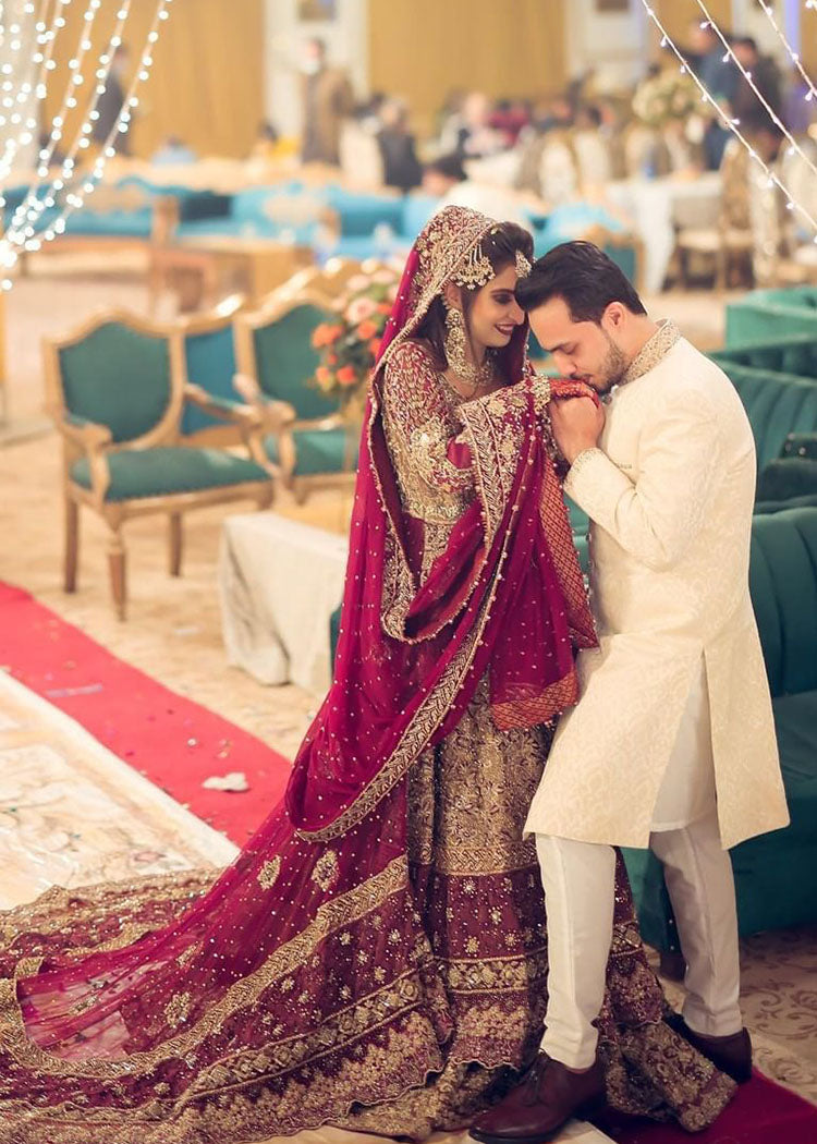 Pakistani Deep Maroon Zardozi Silk Bridal Lehenga (3-Piece) - Image 2