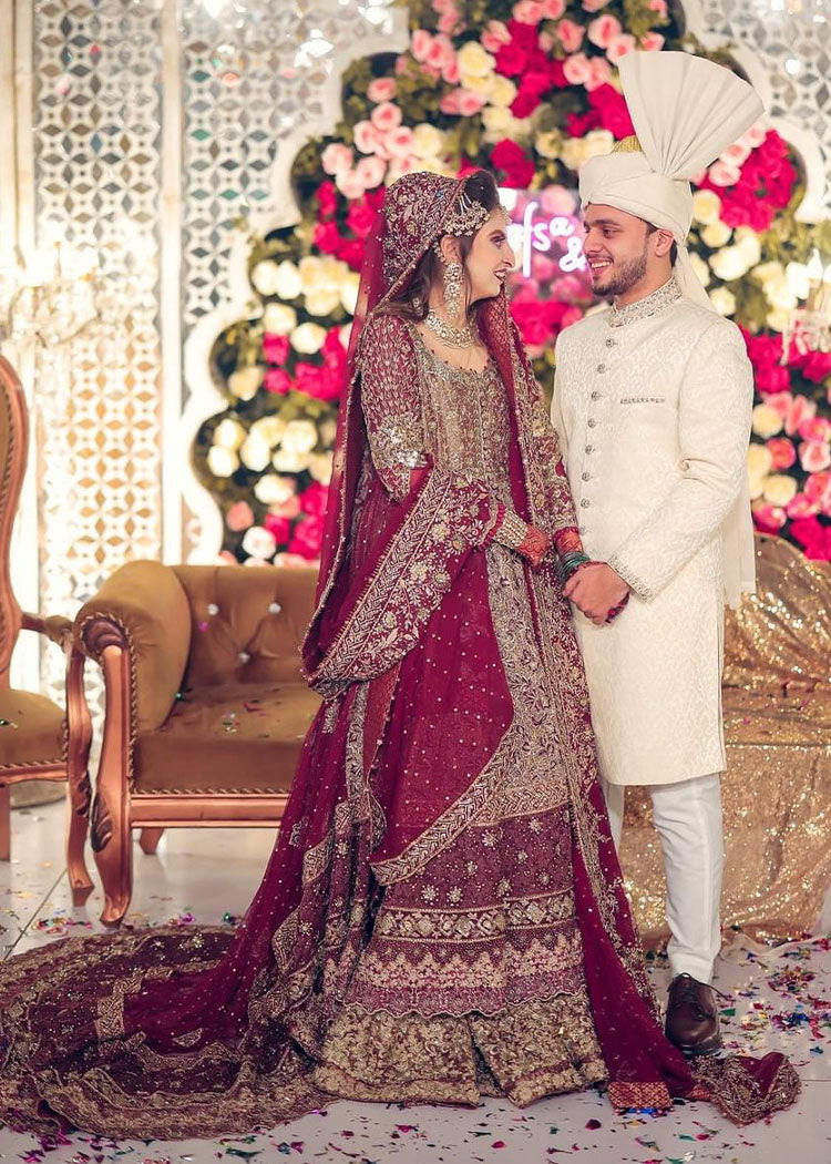 Pakistani Deep Maroon Zardozi Silk Bridal Lehenga (3-Piece) - Image 3