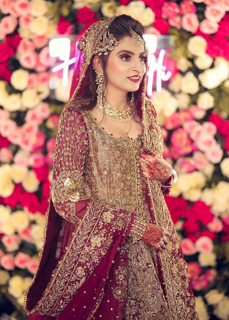 Pakistani Deep Maroon Zardozi Silk Bridal Lehenga (3-Piece) - Image 4