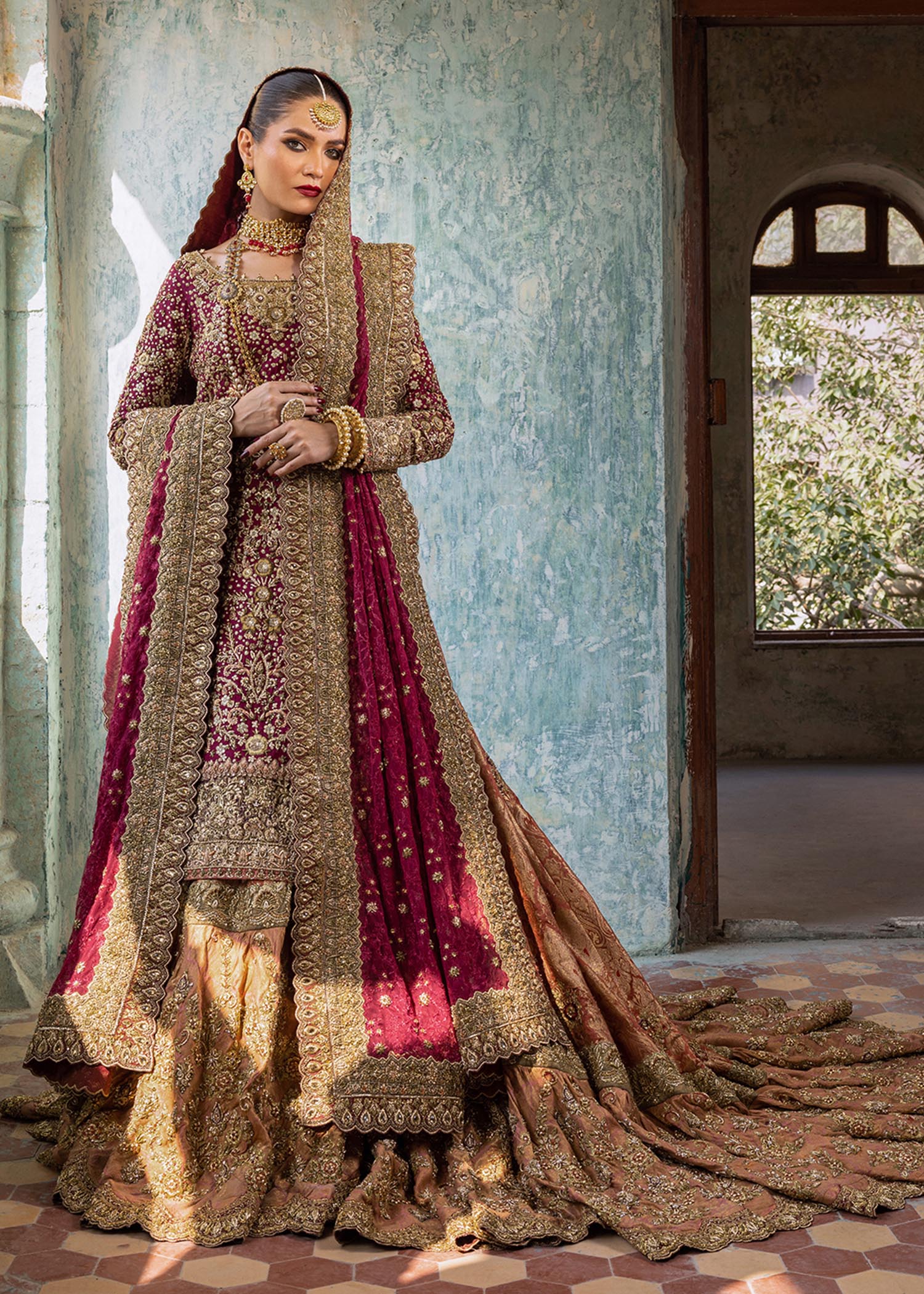 Pakistani Beetroot Zardozi Silk Net Farshi Lehenga (3-Piece) - Image 10