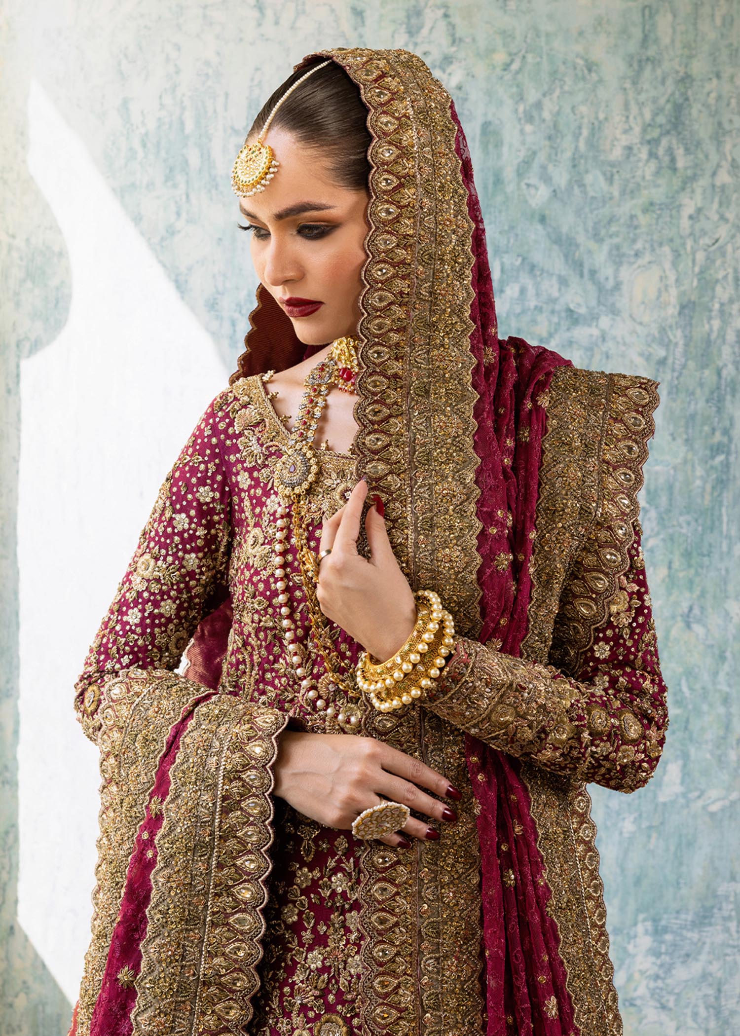 Pakistani Beetroot Zardozi Silk Net Farshi Lehenga (3-Piece) - Image 11