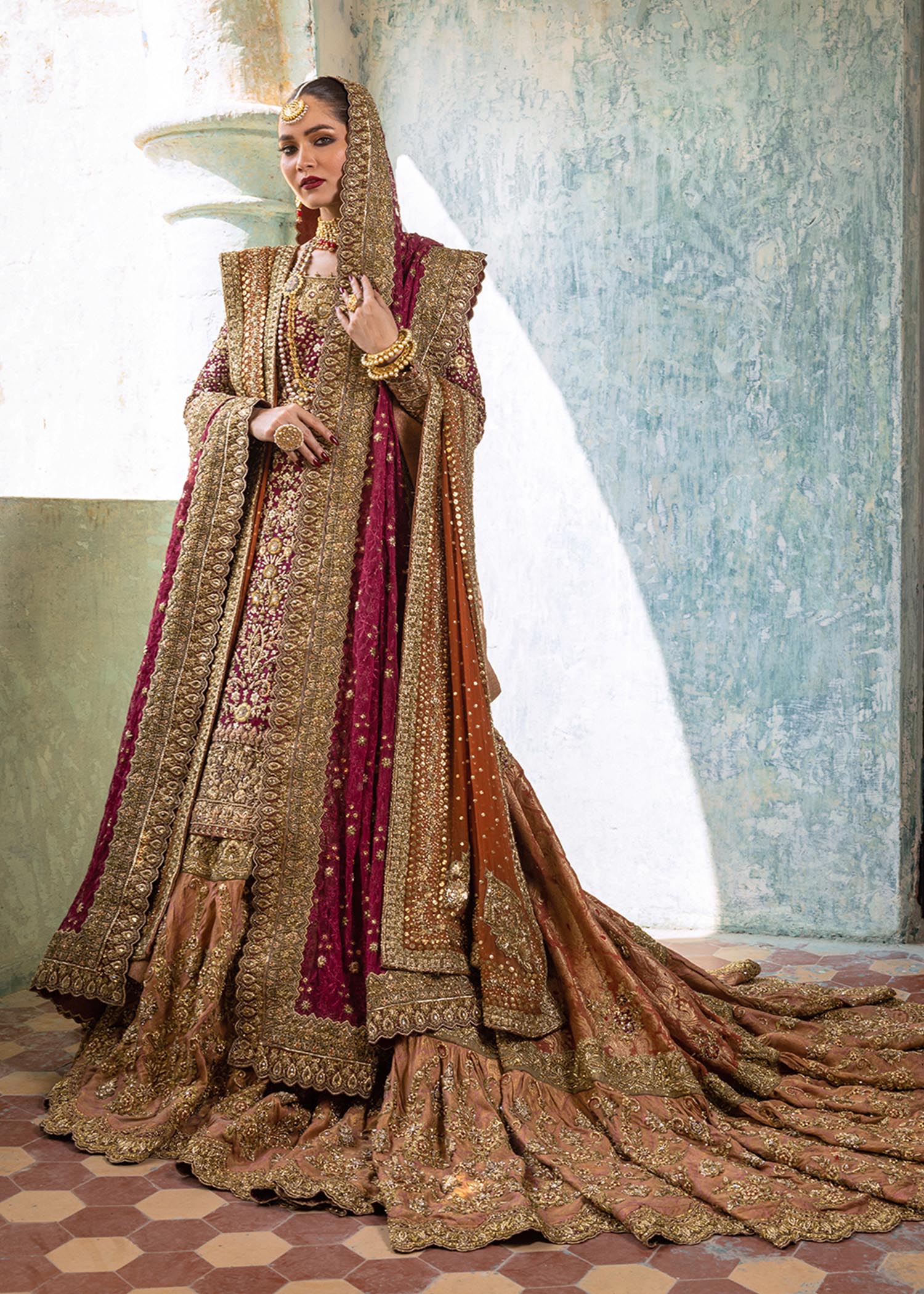 Pakistani Beetroot Zardozi Silk Net Farshi Lehenga (3-Piece) - Image 4