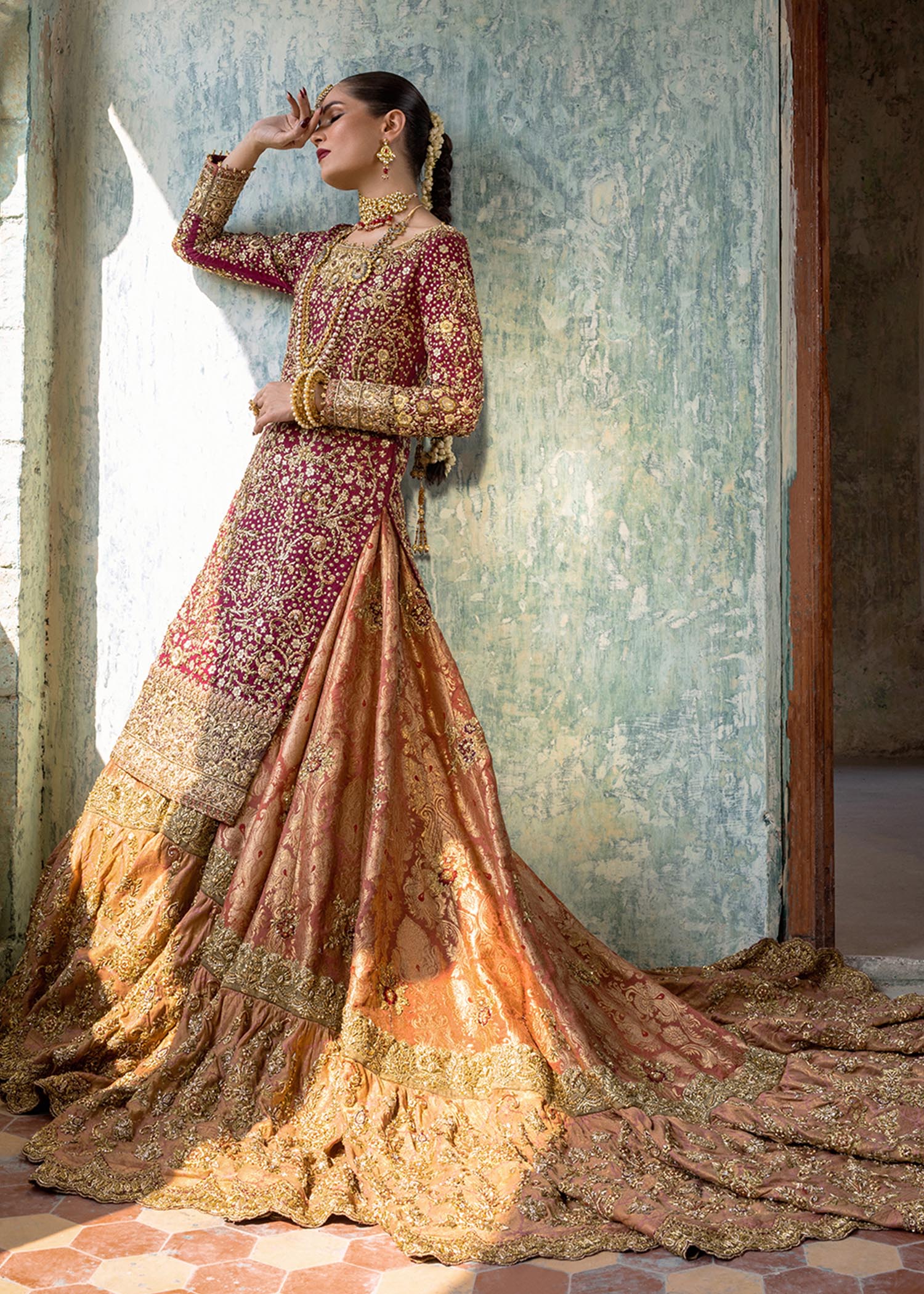 Pakistani Beetroot Zardozi Silk Net Farshi Lehenga (3-Piece) - Image 7