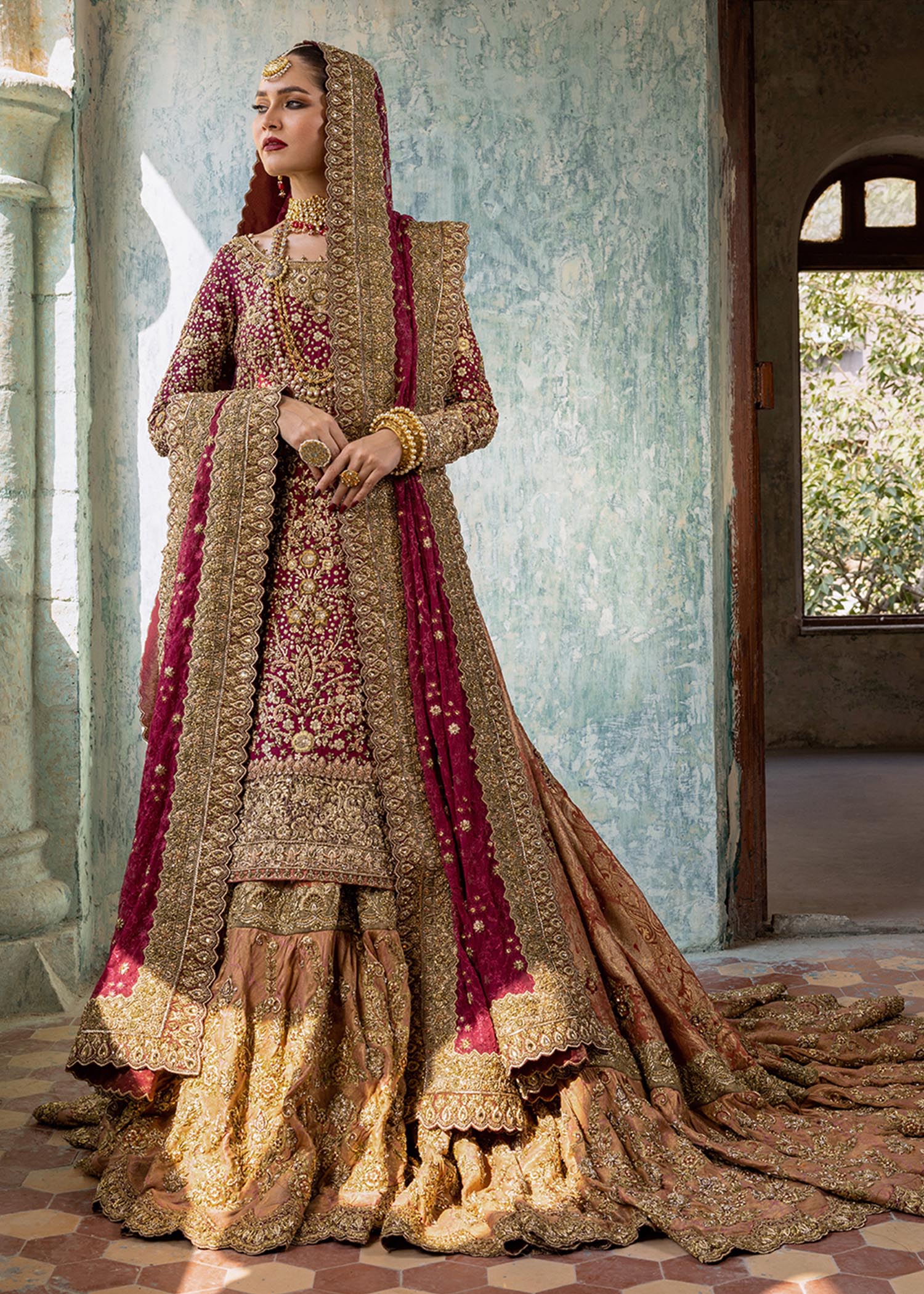 Pakistani Beetroot Zardozi Silk Net Farshi Lehenga (3-Piece) - Image 9