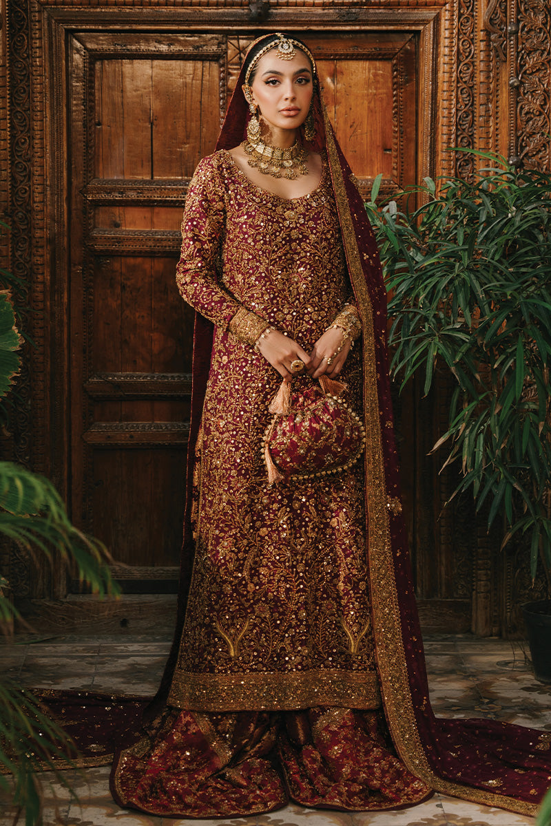Pakistani Deep Maroon Zardozi Silk Net Bridal Lehenga (3-Piece) - Image 1