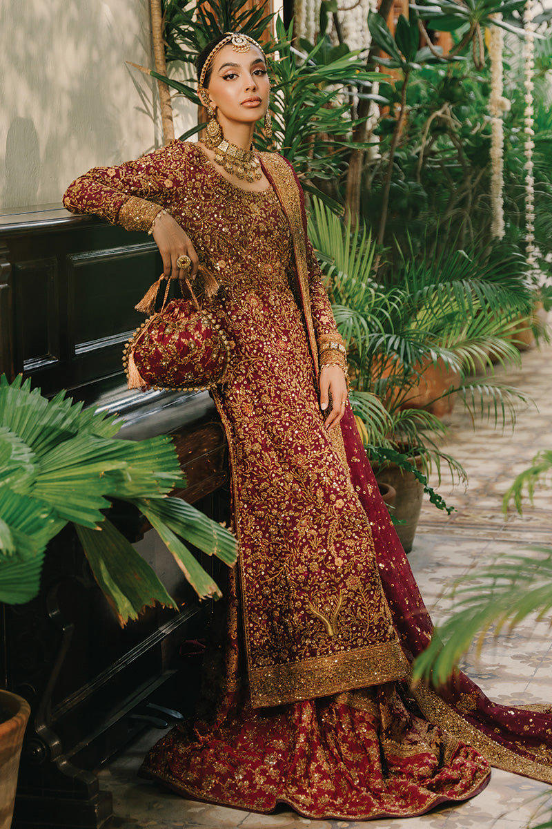 Pakistani Deep Maroon Zardozi Silk Net Bridal Lehenga (3-Piece) - Image 11