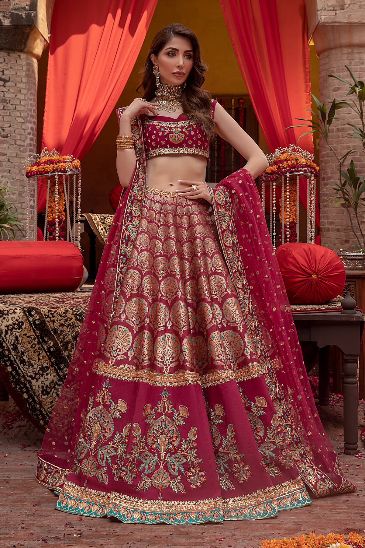 Deep Maroon Embroidered Silk Tilla Jacquard Lehenga (3-Piece) - Image 1