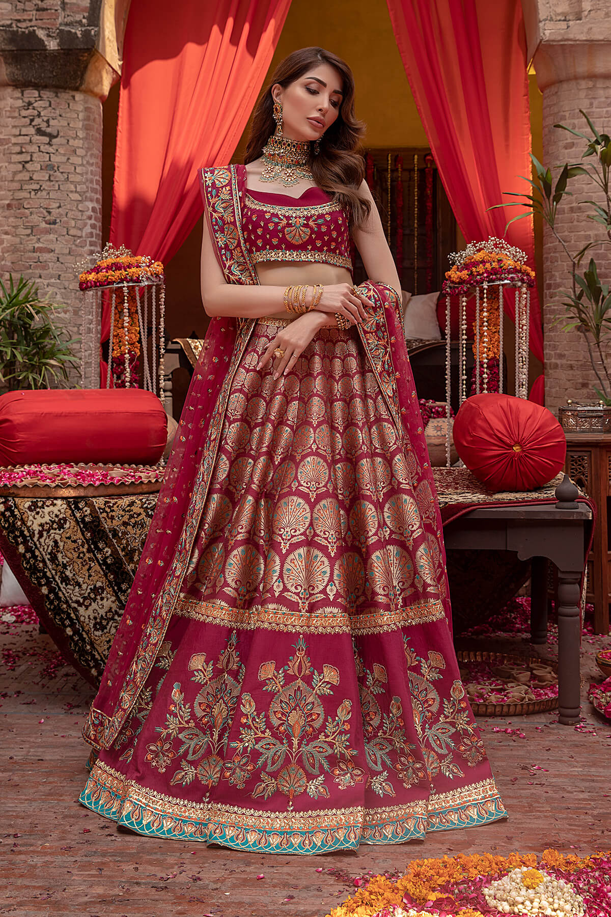 Deep Maroon Embroidered Silk Tilla Jacquard Lehenga (3-Piece) - Image 2