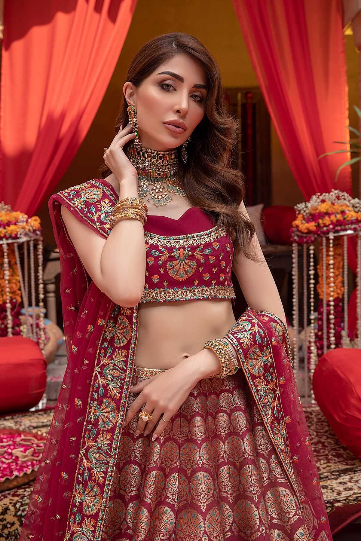 Deep Maroon Embroidered Silk Tilla Jacquard Lehenga (3-Piece) - Image 3