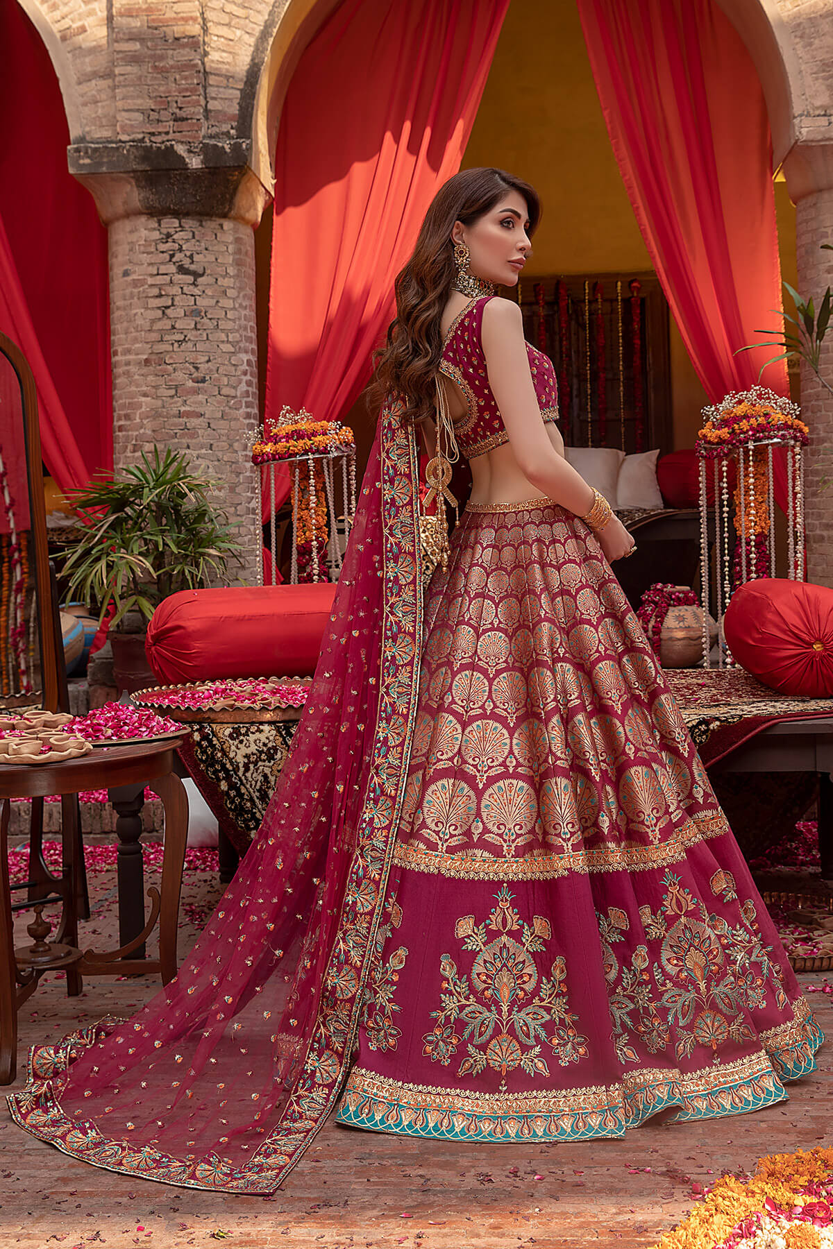 Deep Maroon Embroidered Silk Tilla Jacquard Lehenga (3-Piece) - Image 5