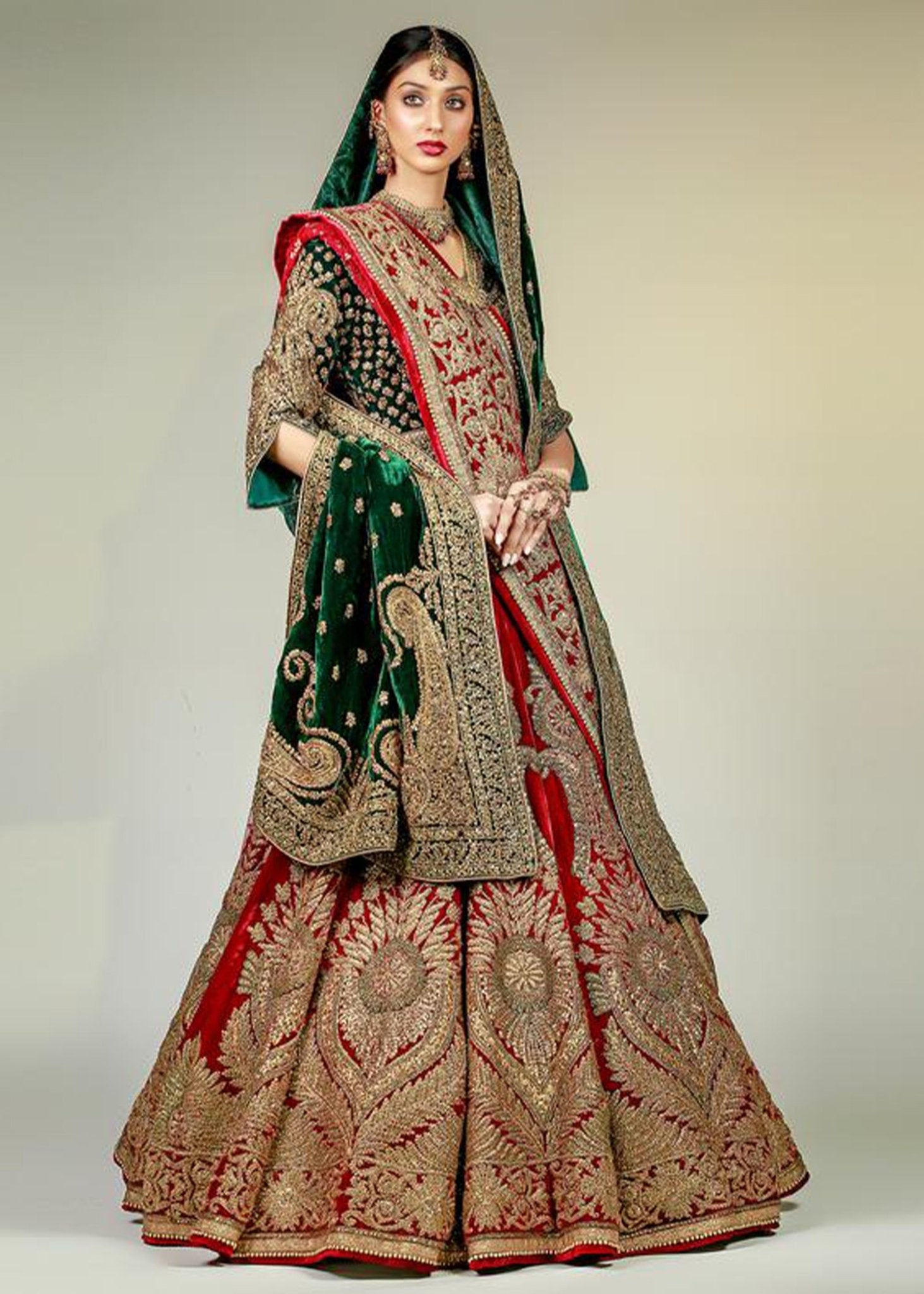 Pakistani Maroon Velvet Bridal Lehenga with Green Marori Choli (3-Piece) - Image 1