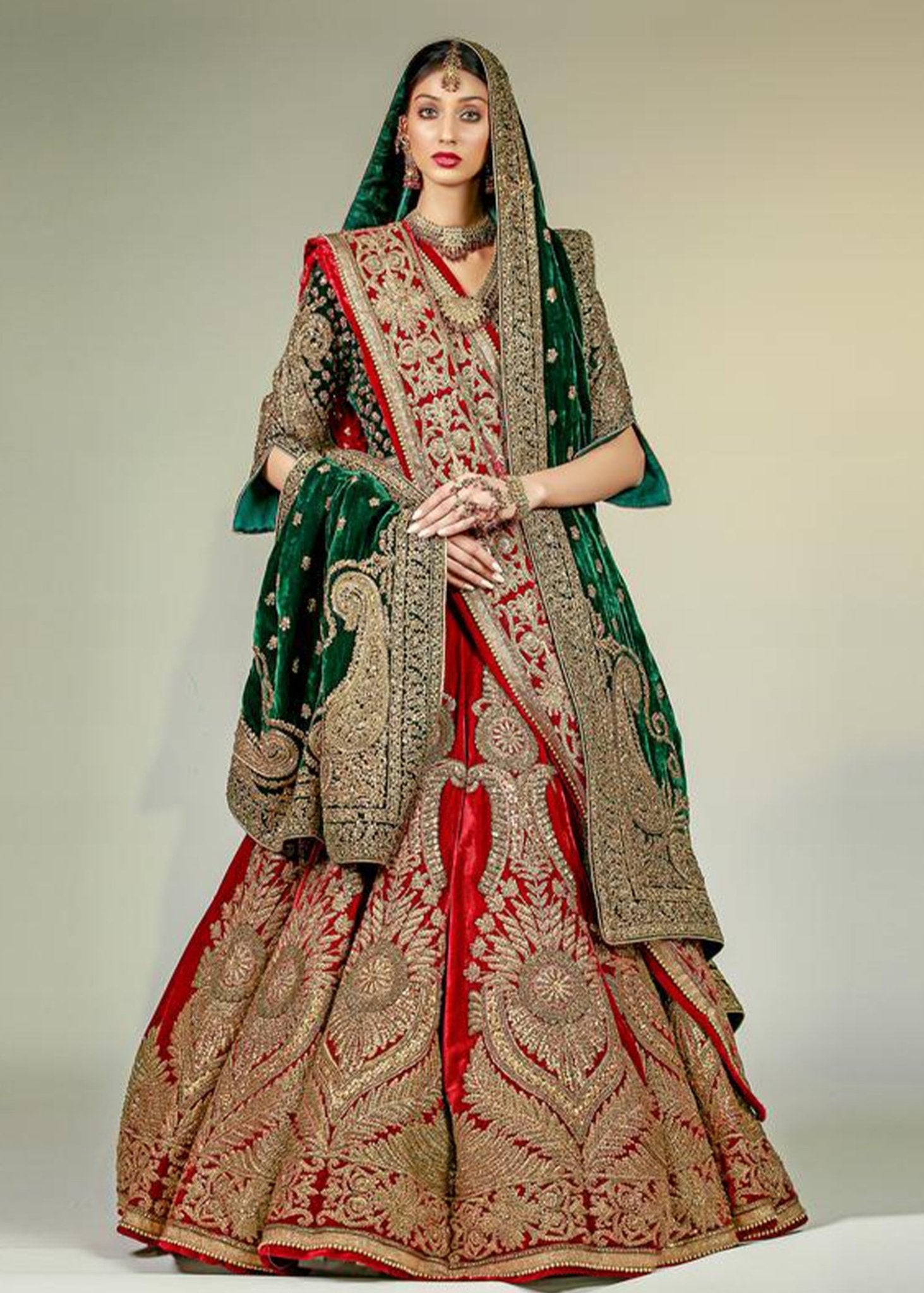 Pakistani Maroon Velvet Bridal Lehenga with Green Marori Choli (3-Piece) - Image 2