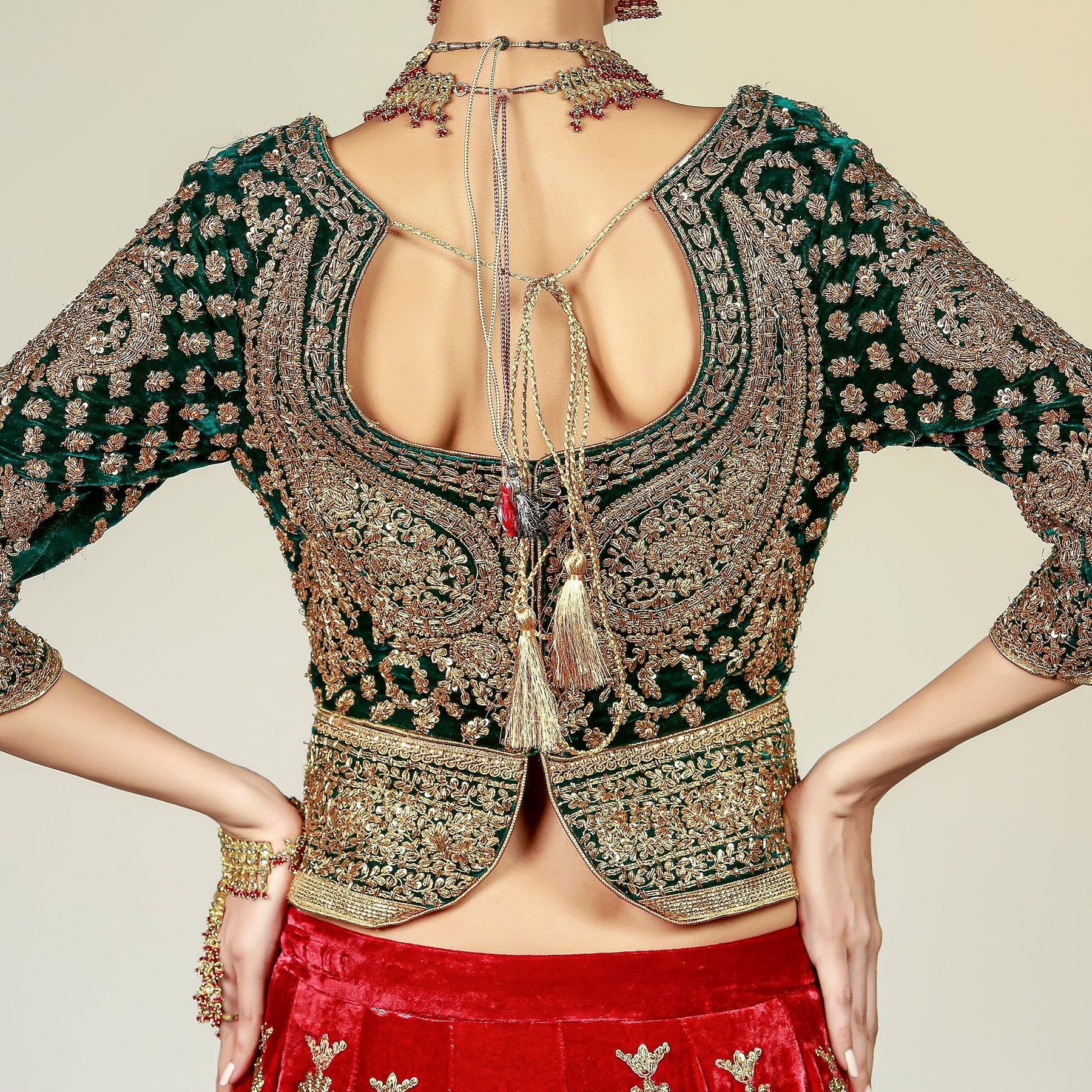 Pakistani Maroon Velvet Bridal Lehenga with Green Marori Choli (3-Piece) - Image 4