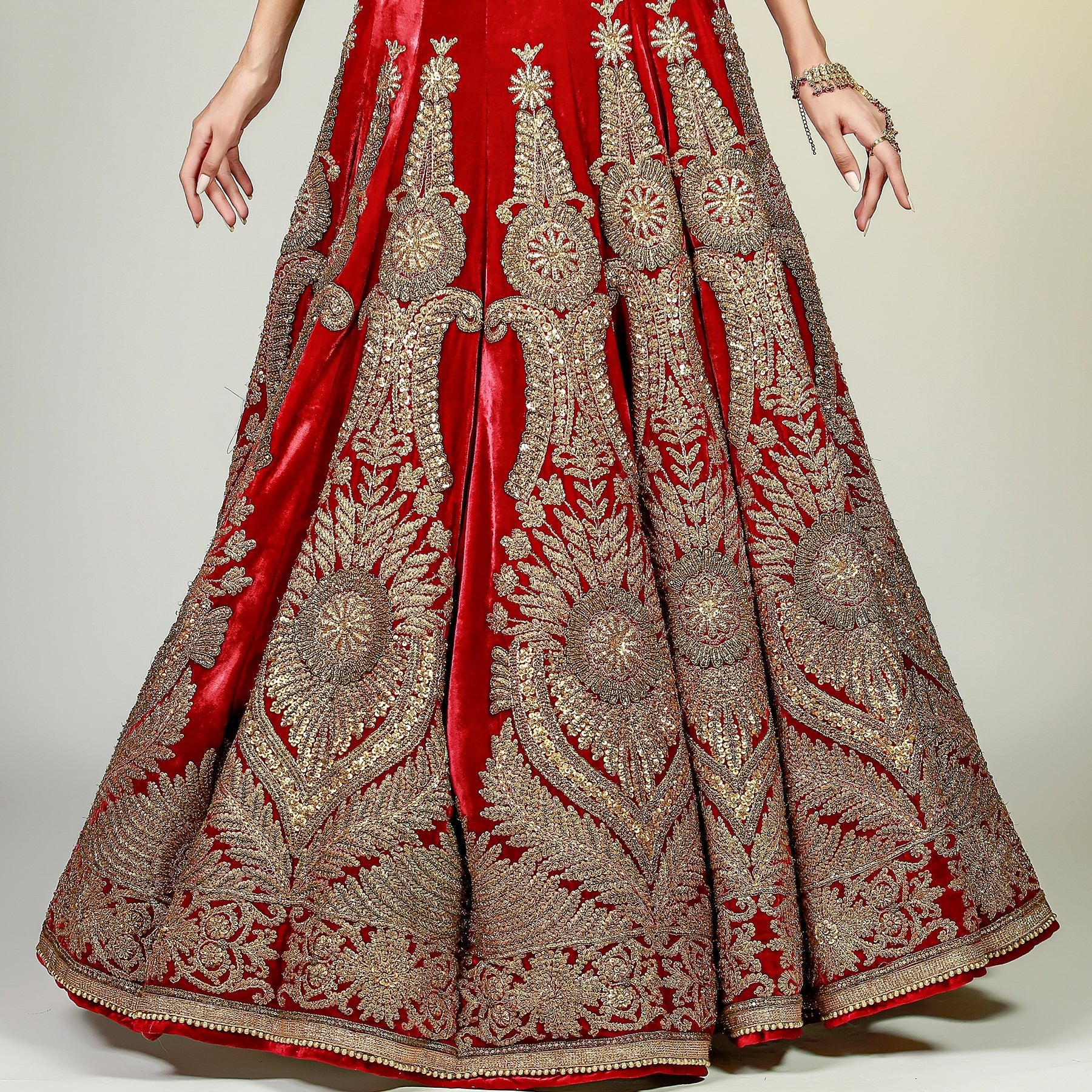 Pakistani Maroon Velvet Bridal Lehenga with Green Marori Choli (3-Piece) - Image 5