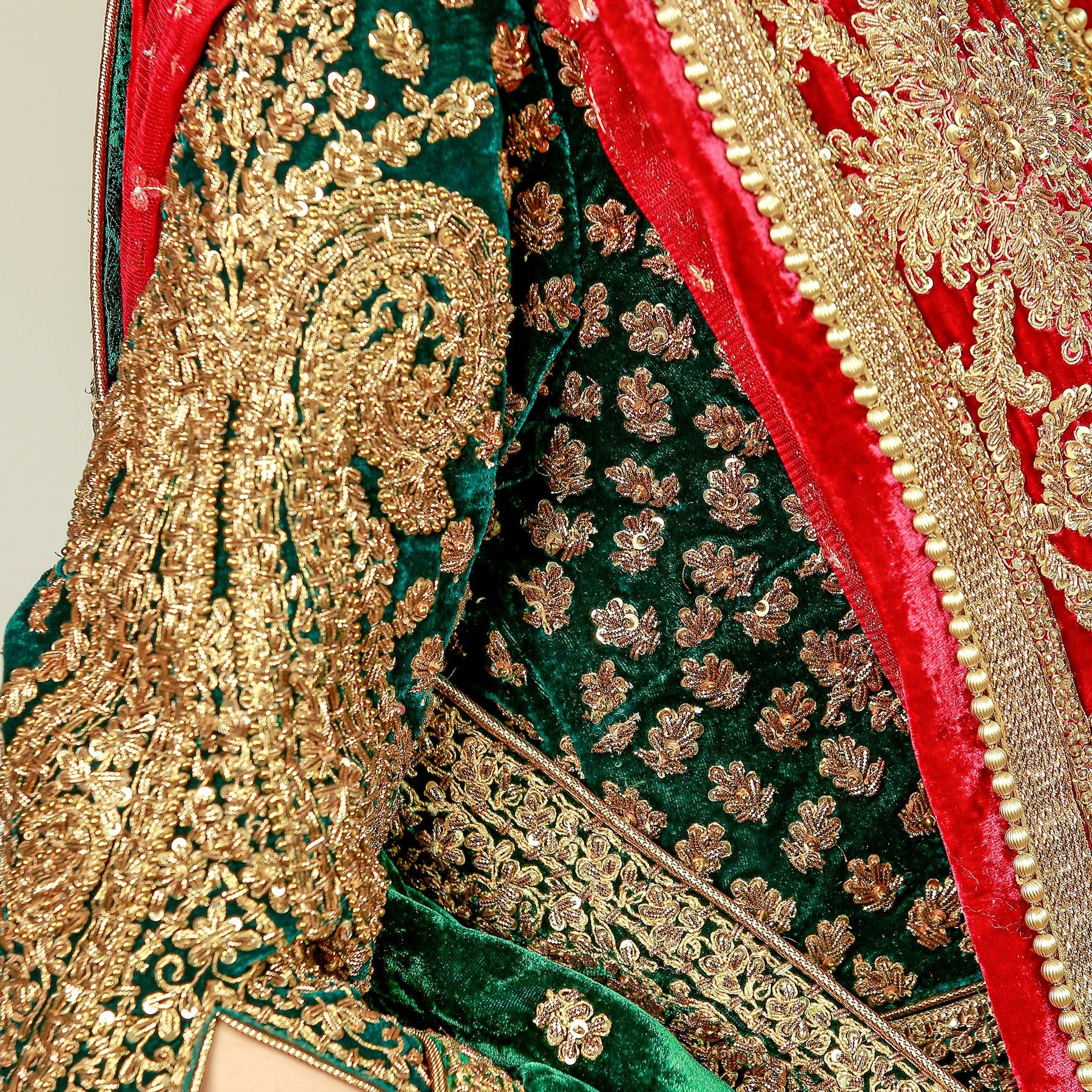 Pakistani Maroon Velvet Bridal Lehenga with Green Marori Choli (3-Piece) - Image 8