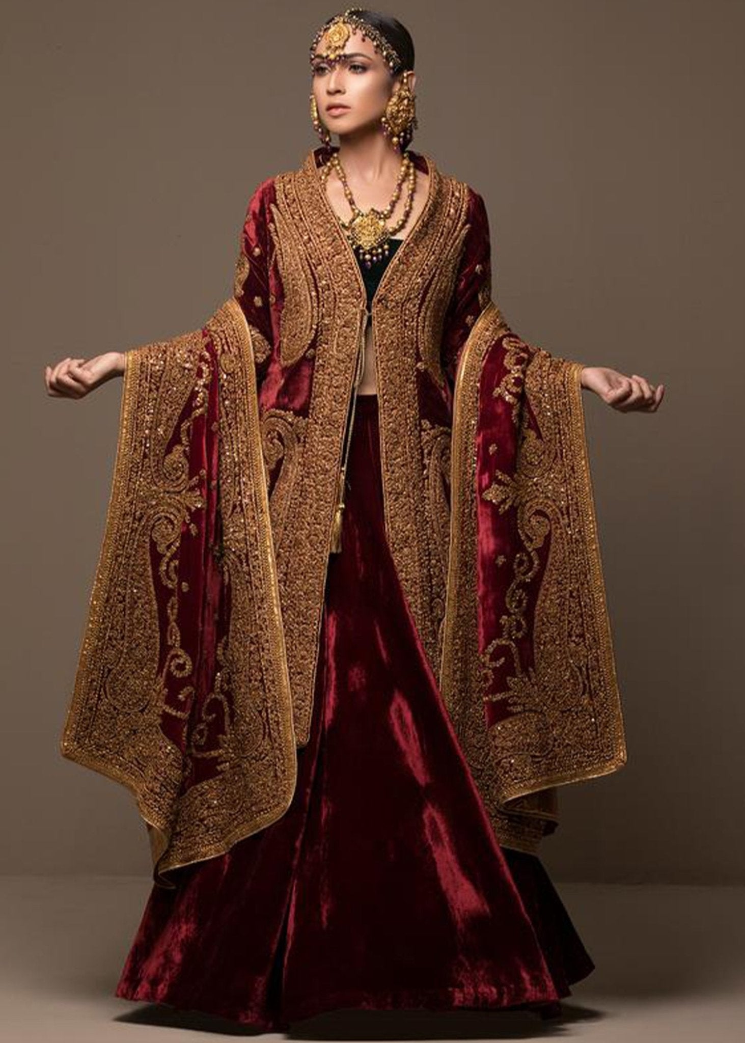 Maroon & Gold Marori Velvet Lehenga Coat (3-Piece) - Image 1