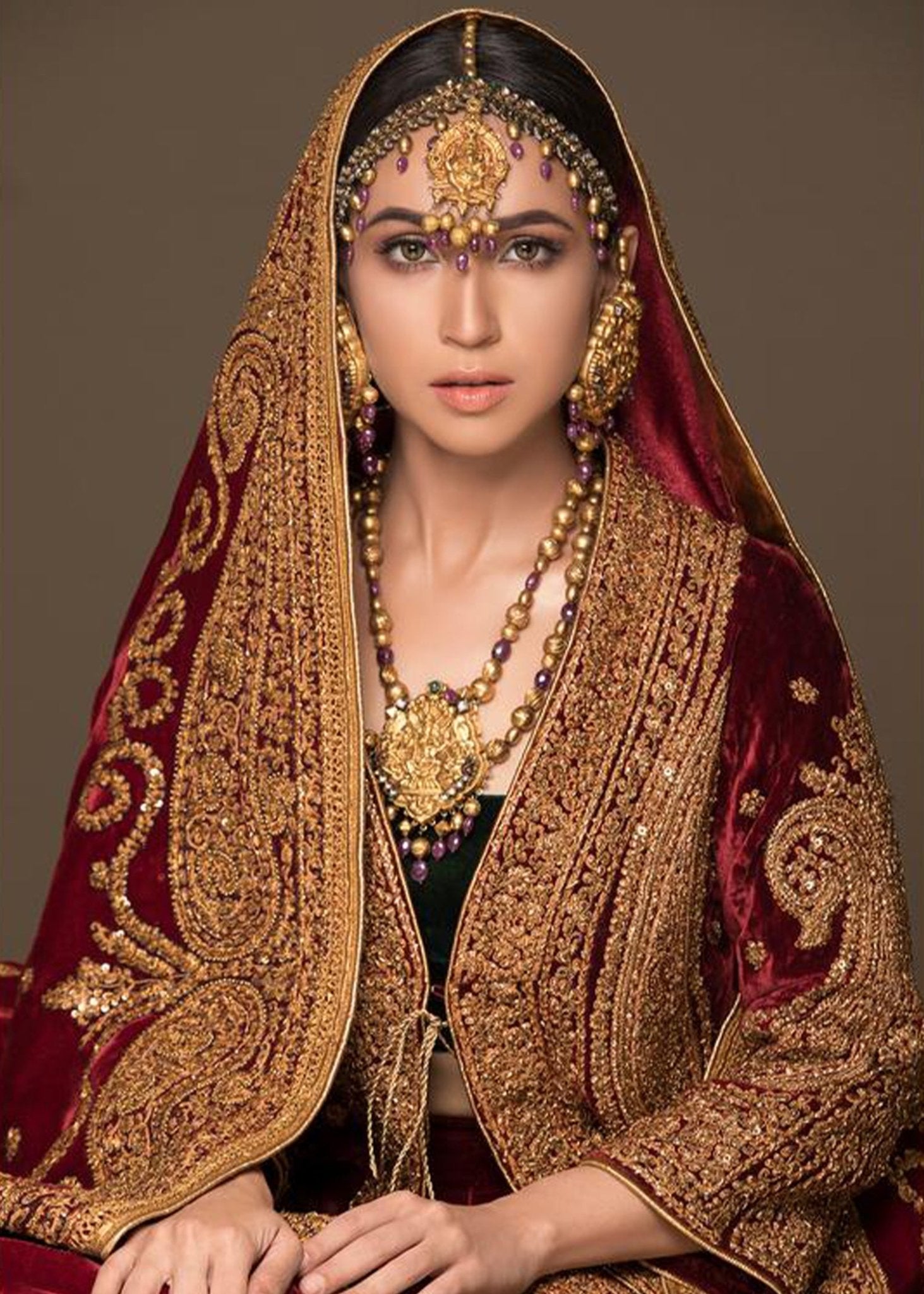 Maroon & Gold Marori Velvet Lehenga Coat (3-Piece) - Image 2