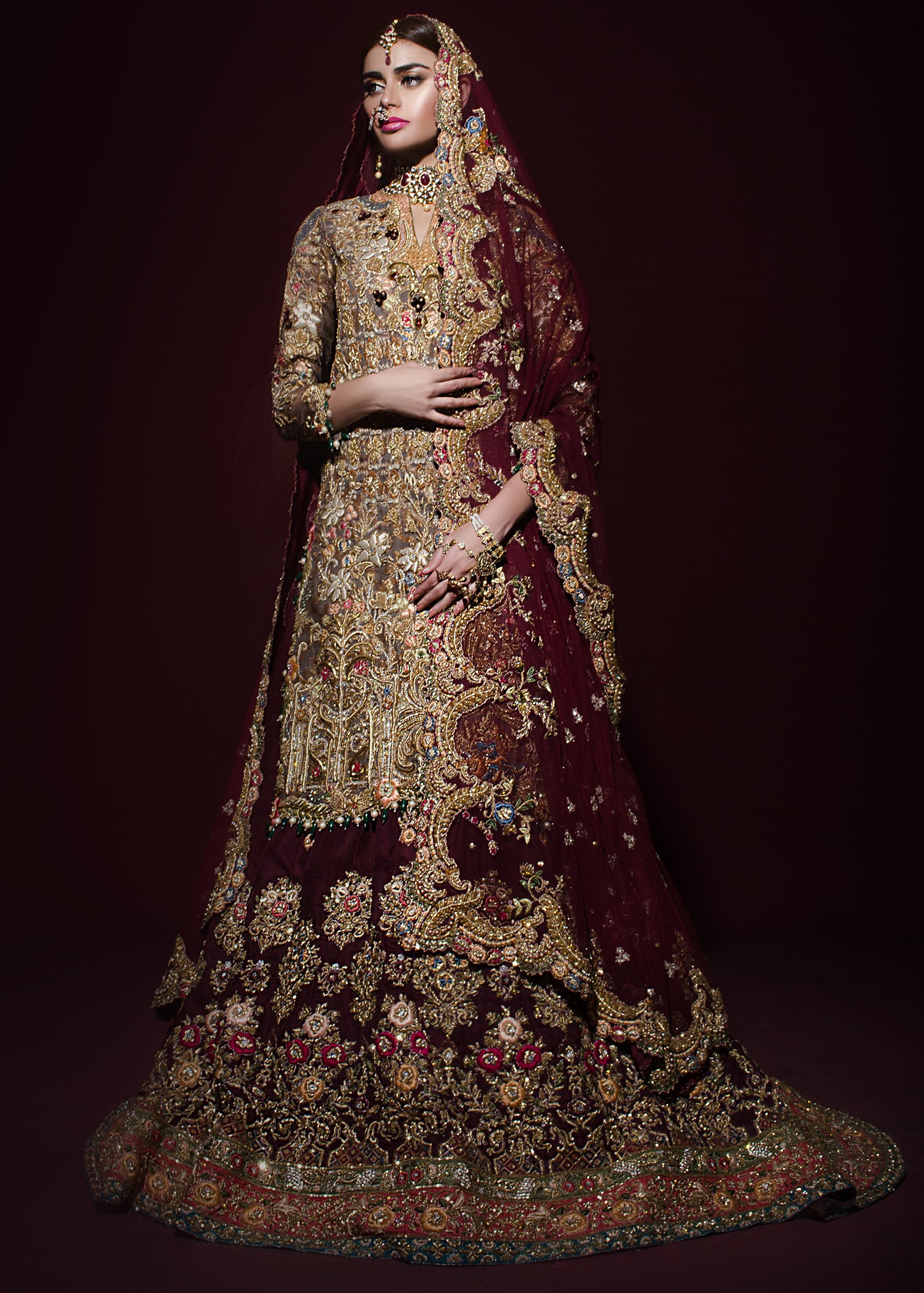 Pakistani Deep Maroon Embellished Net Silk Bridal Lehenga (3-Piece) - Image 1