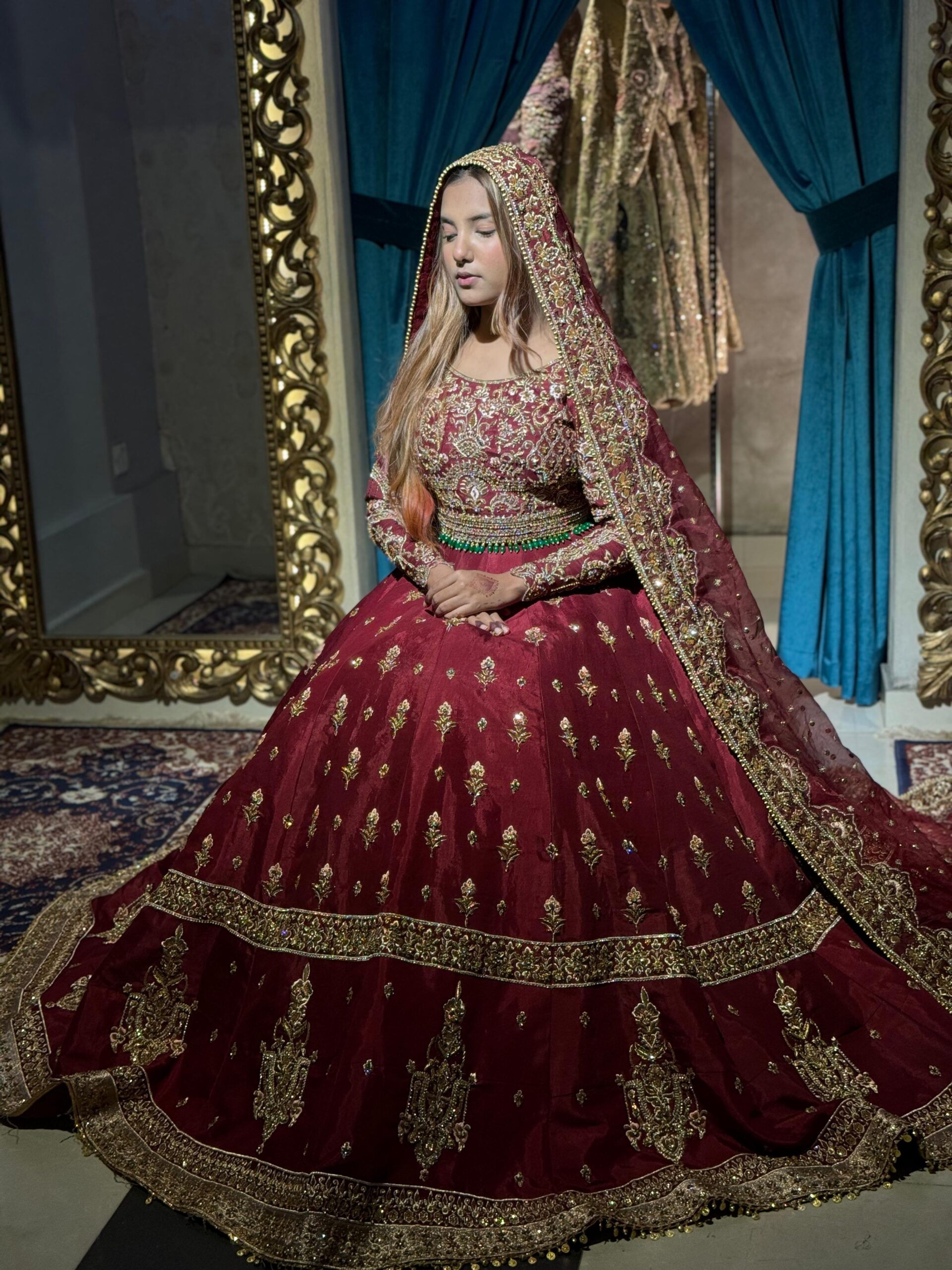 Deep Maroon Embroidered Silk Bridal Lehenga (3-Piece) - Image 2