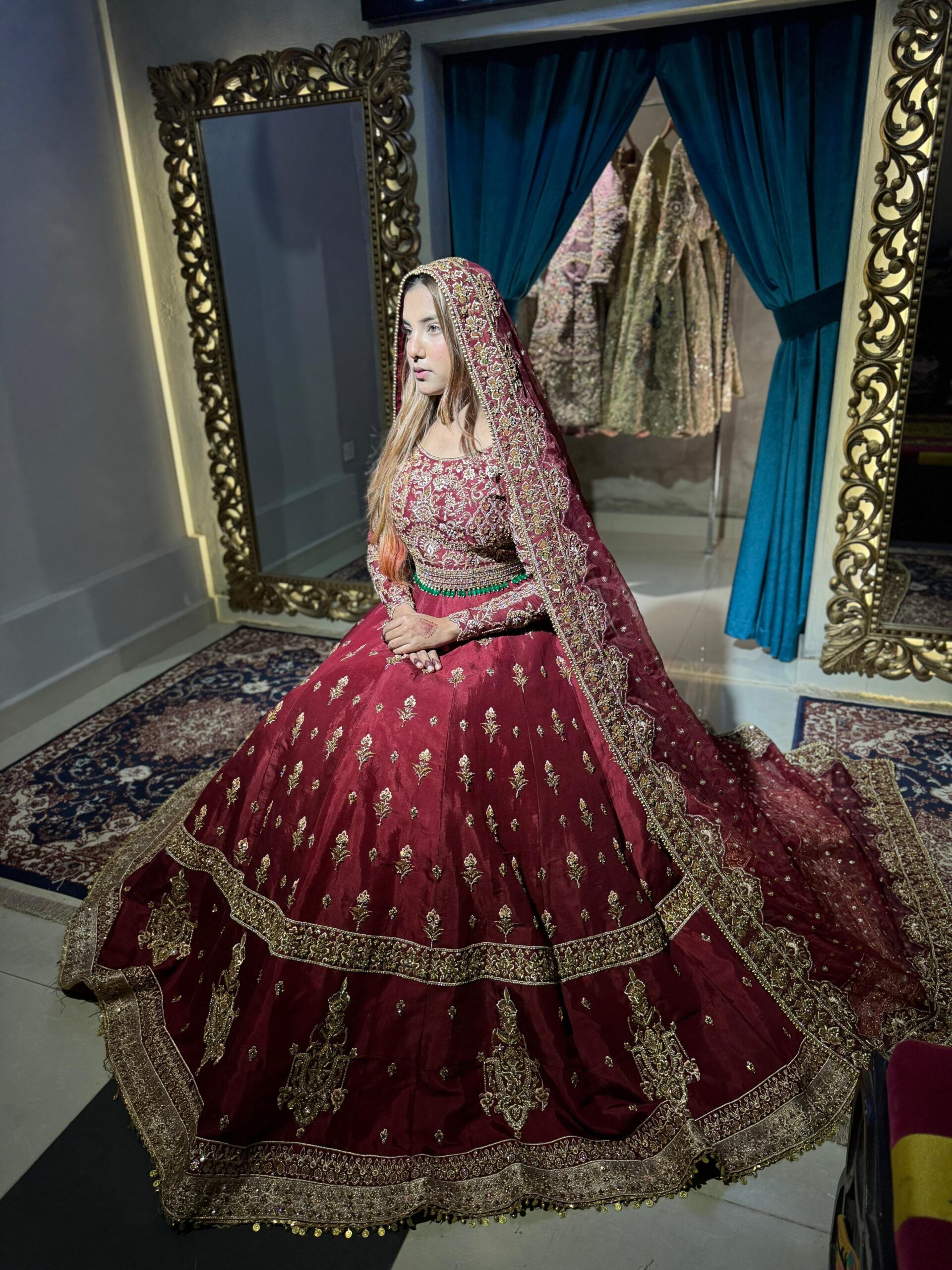 Deep Maroon Embroidered Silk Bridal Lehenga (3-Piece) - Image 3