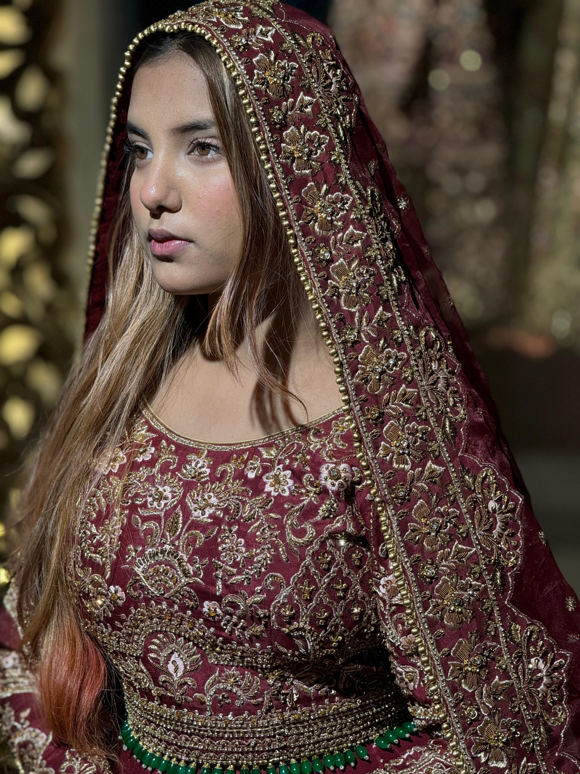 Deep Maroon Embroidered Silk Bridal Lehenga (3-Piece) - Image 4