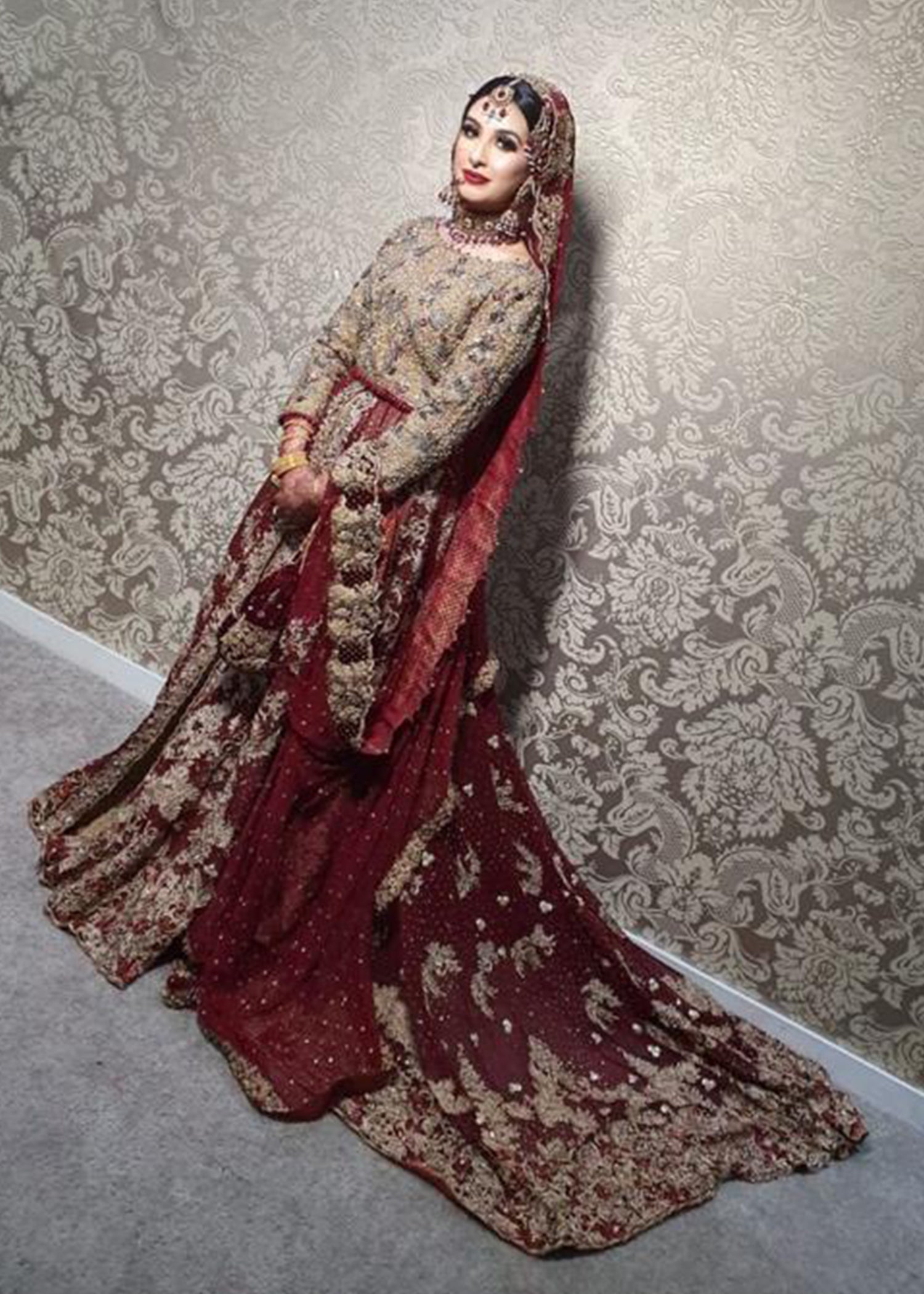 Pakistani Deep Maroon Gold Embroidered Silk Bridal Lehenga (3-Piece) - Image 1