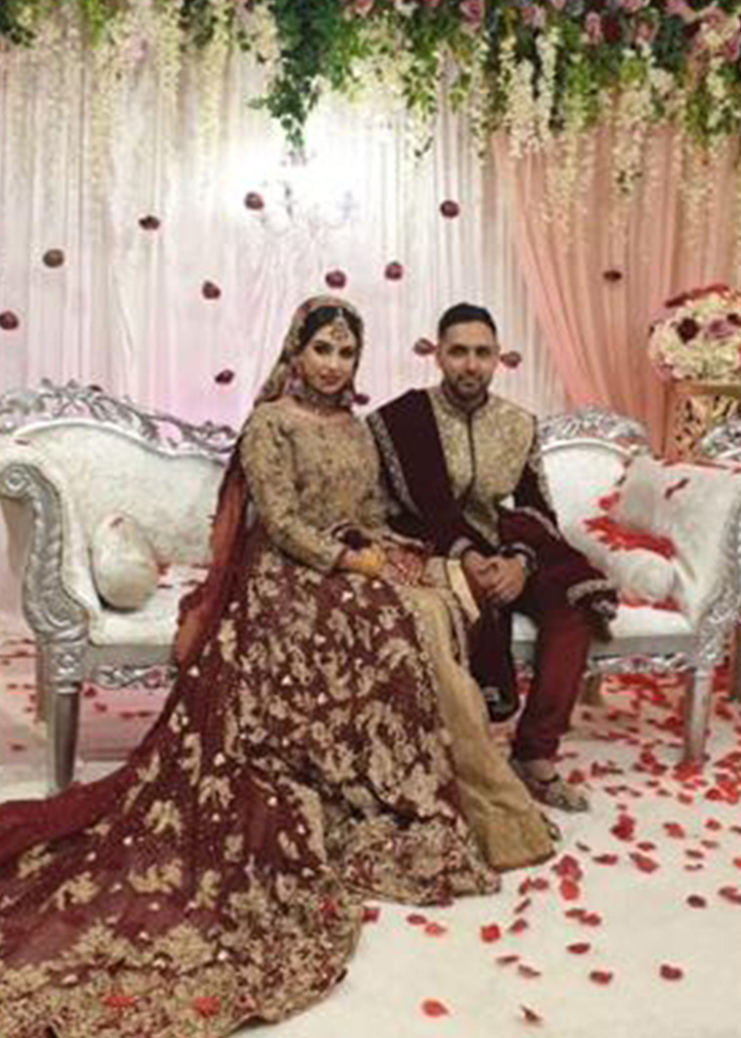 Pakistani Deep Maroon Gold Embroidered Silk Bridal Lehenga (3-Piece) - Image 2