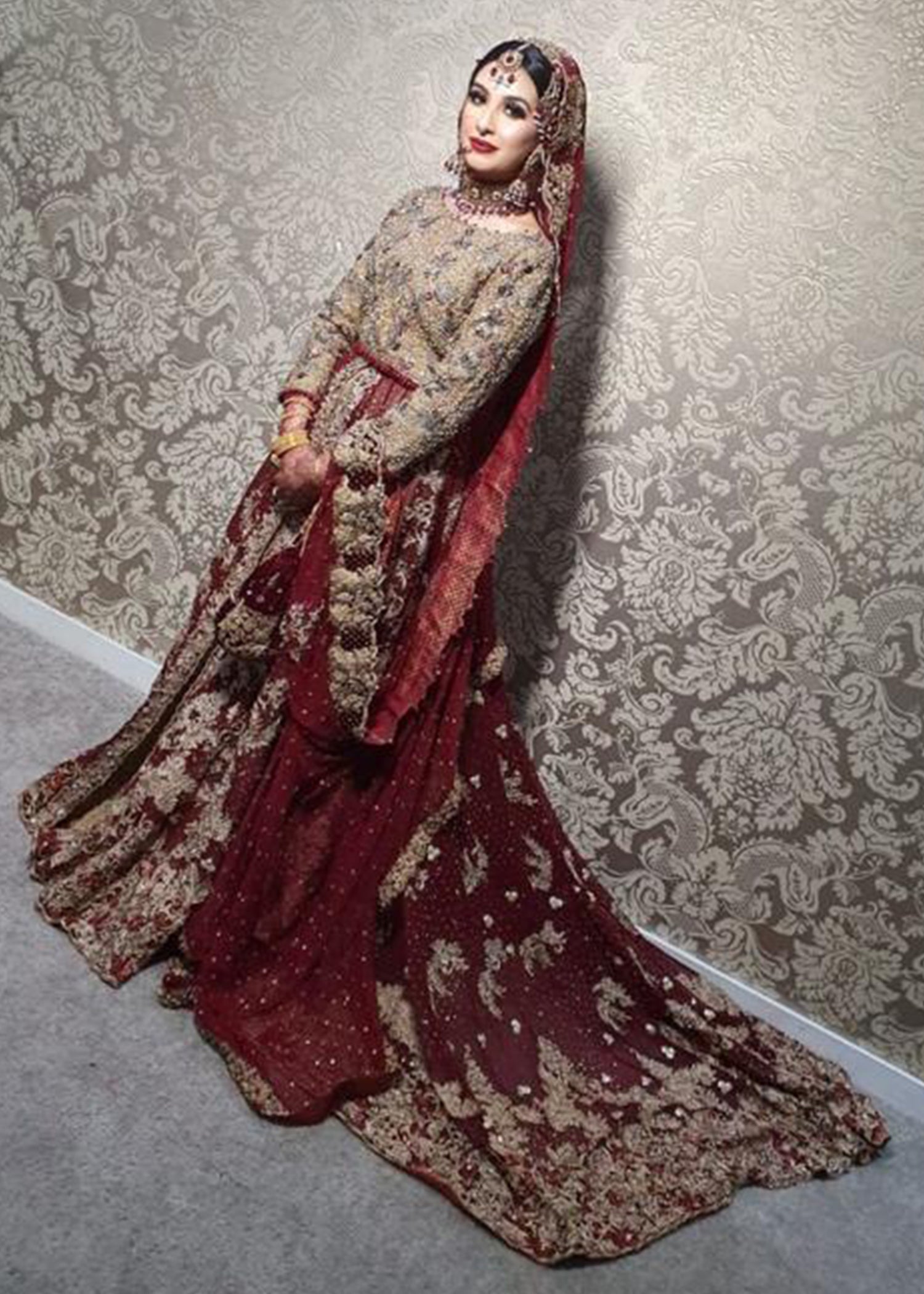 Pakistani Deep Maroon Gold Embroidered Silk Bridal Lehenga (3-Piece) - Image 3