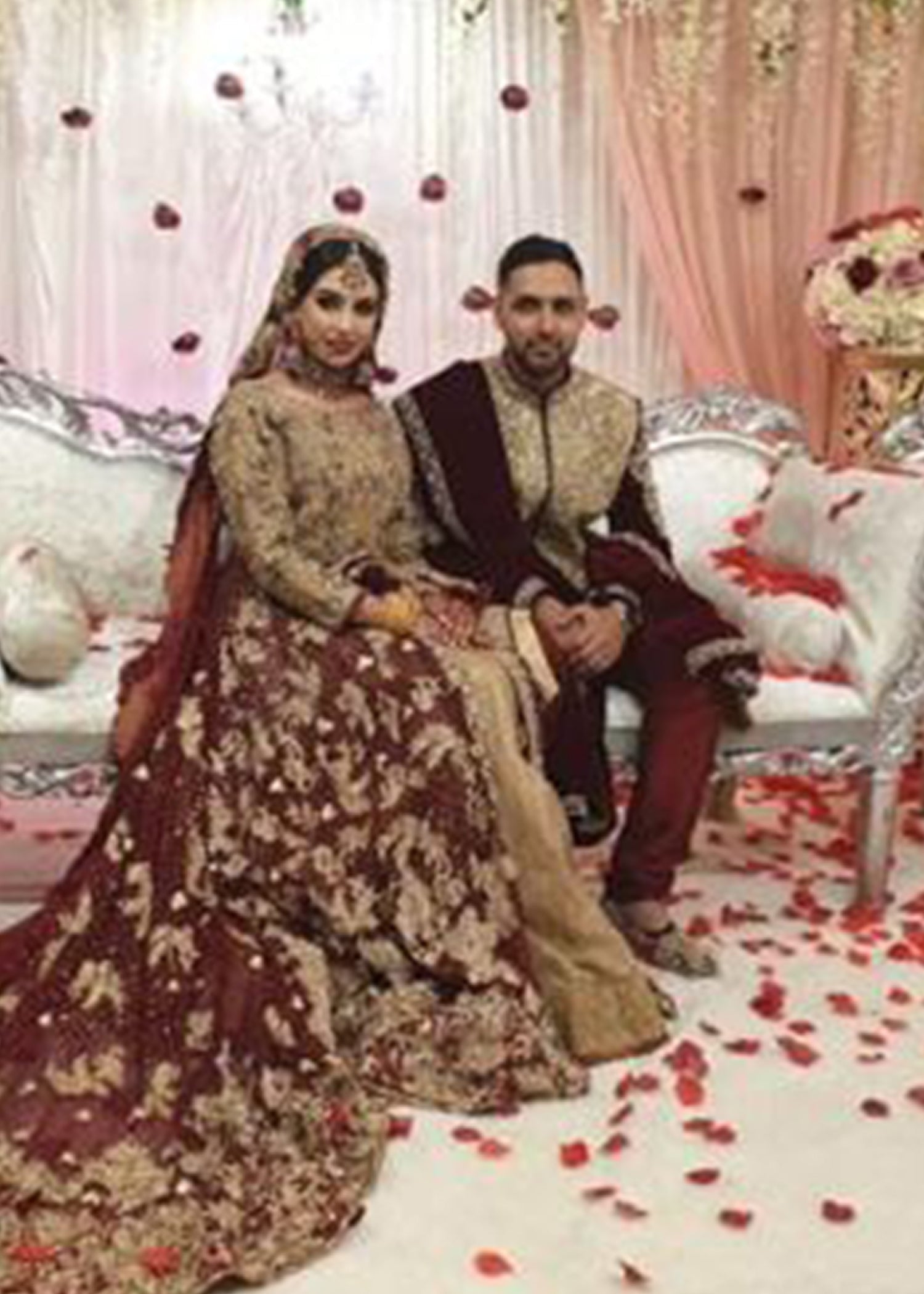 Pakistani Deep Maroon Gold Embroidered Silk Bridal Lehenga (3-Piece) - Image 4