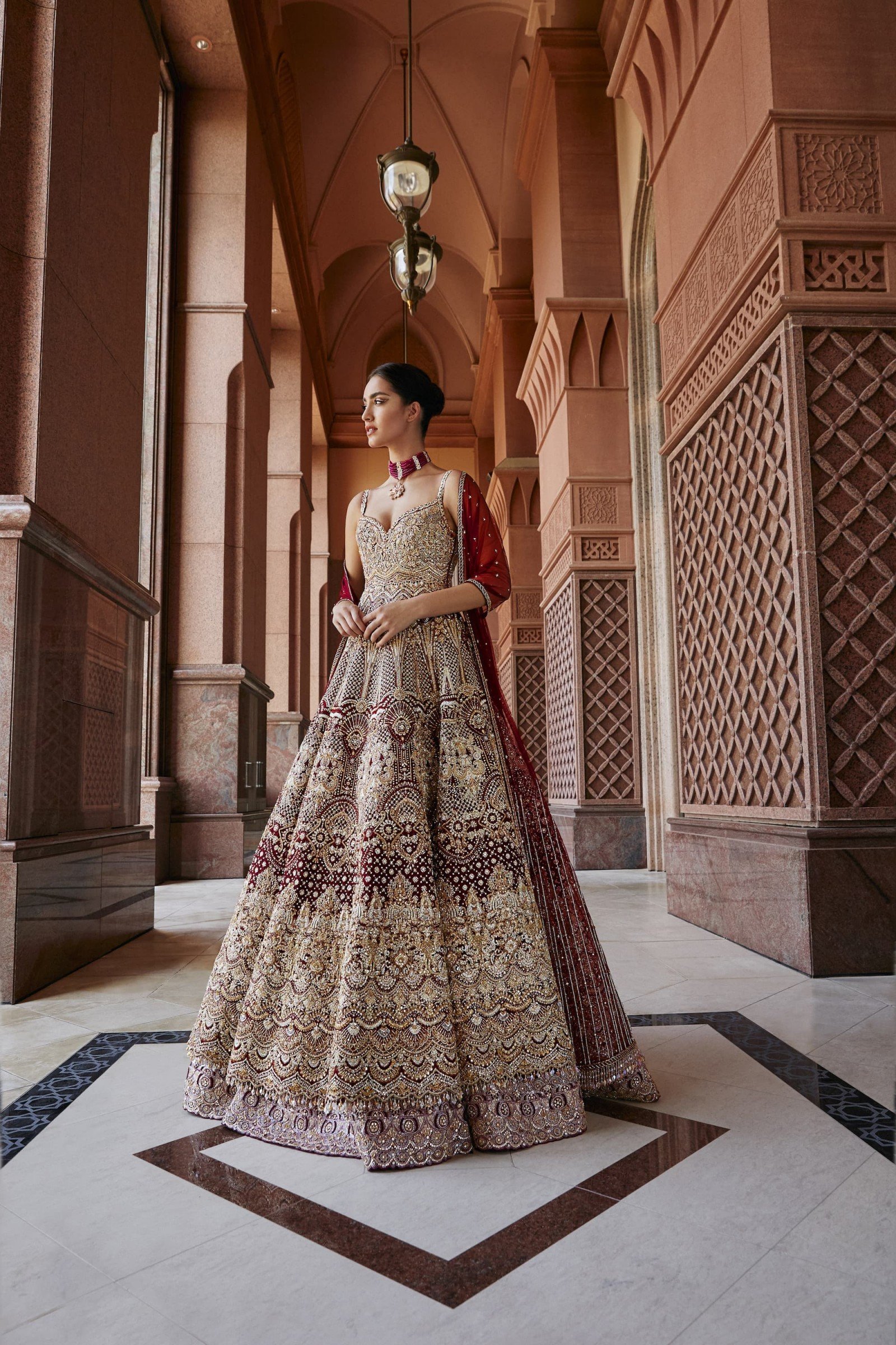 Pakistani Wine Gold Embellished Silk Bridal Lehenga (3-Piece) - Image 1
