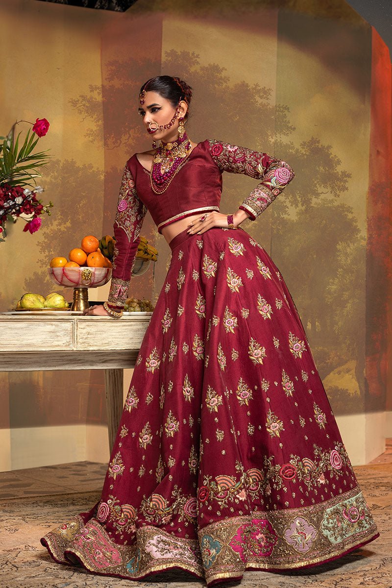 Maroon Zardozi Resham Silk Bridal Lehenga (3-Piece) - Image 10