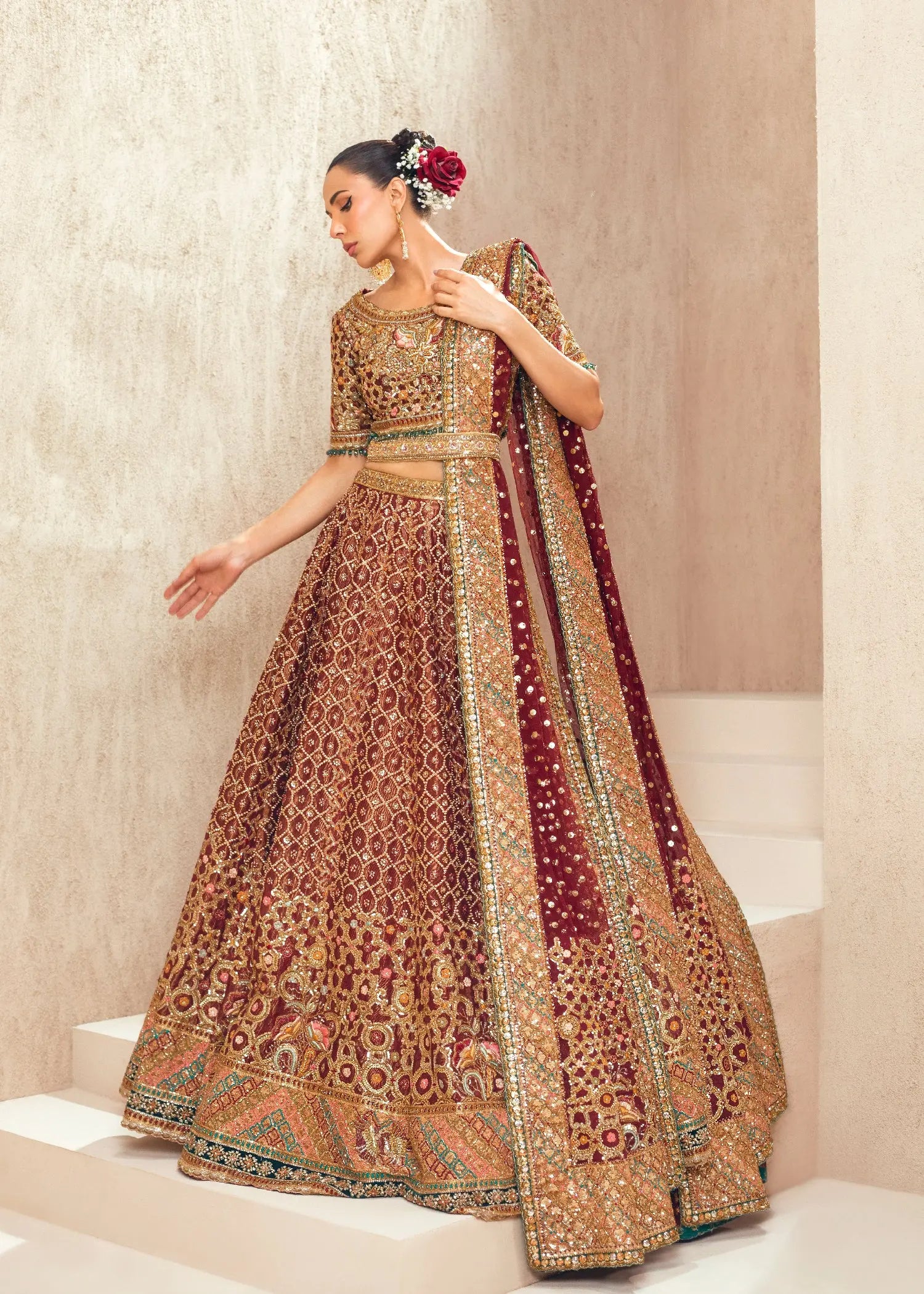 Deep Maroon Embroidered Silk Bridal Lehenga (3-Piece) - Image 2