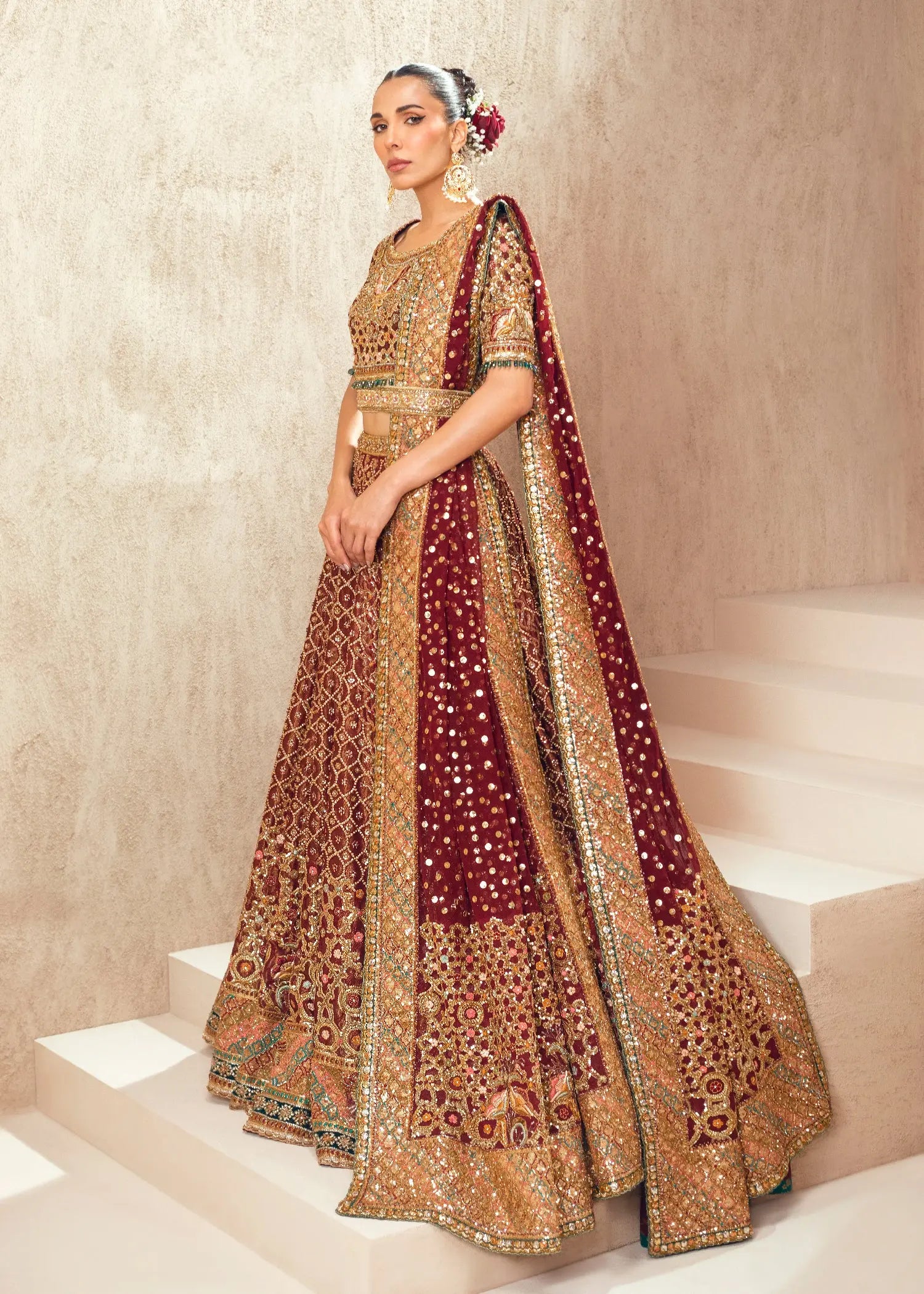 Deep Maroon Embroidered Silk Bridal Lehenga (3-Piece) - Image 3