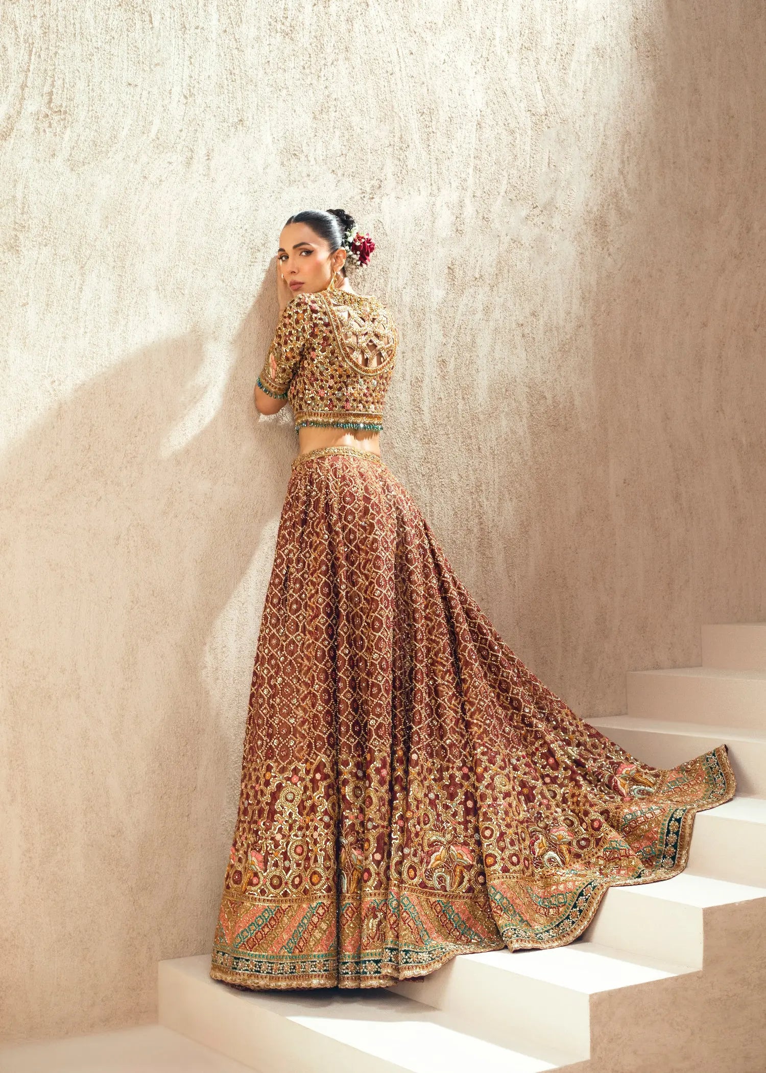 Deep Maroon Embroidered Silk Bridal Lehenga (3-Piece) - Image 4