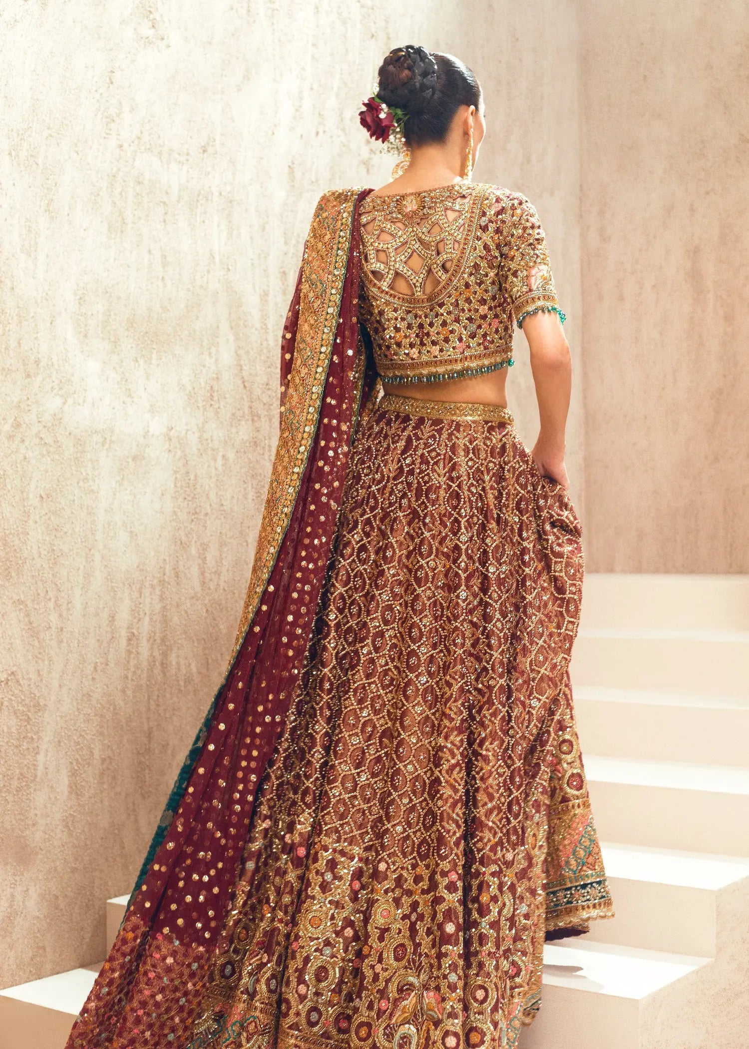 Pakistani Deep Maroon Embroidered Silk Bridal Lehenga (3-Piece) - Image 6