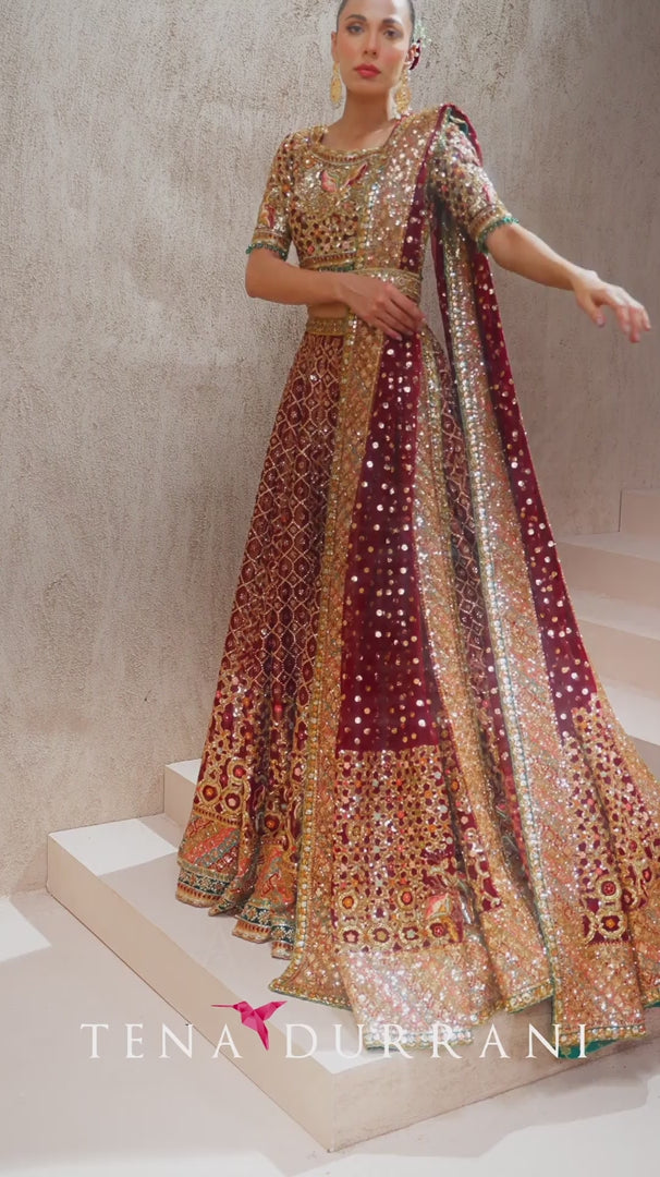 Pakistani Deep Maroon Embroidered Silk Bridal Lehenga (3-Piece) - Image 7