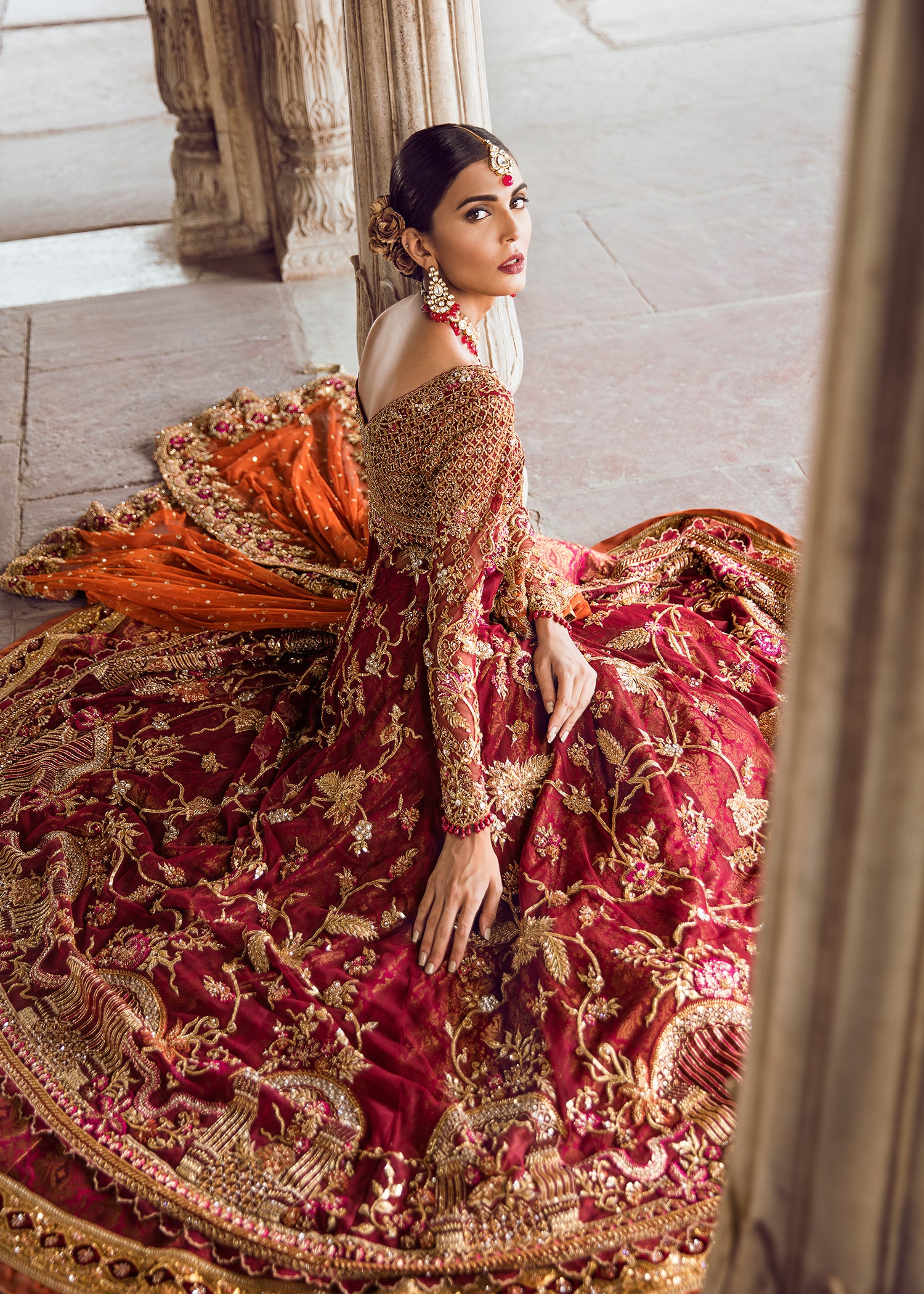 Deep Maroon Zardozi Silk Bridal Lehenga (3-Piece) - Image 2
