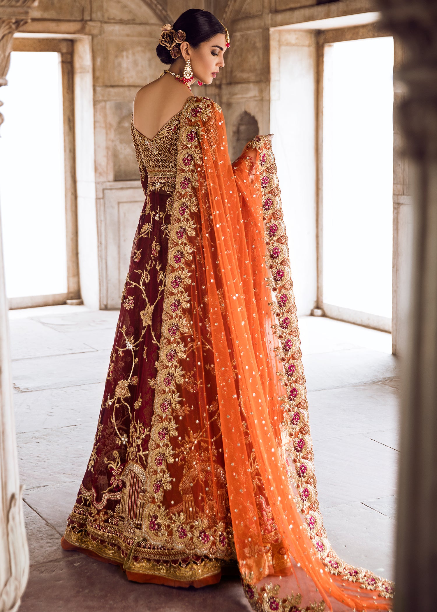 Deep Maroon Zardozi Silk Bridal Lehenga (3-Piece) - Image 3
