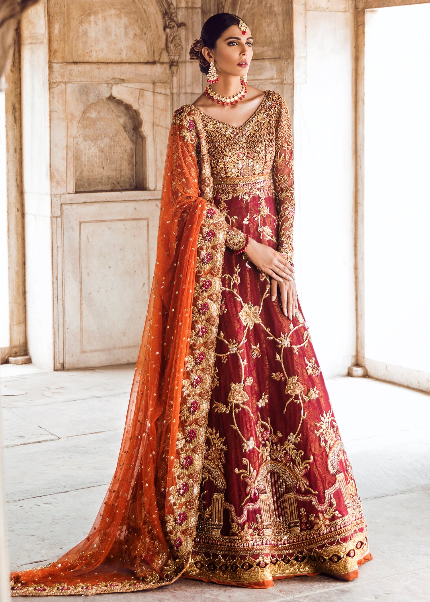 Pakistani Deep Maroon Embroidered Silk Bridal Lehenga (3-Piece) - Image 1