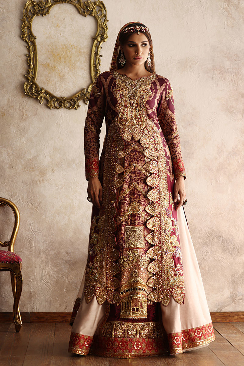 Pakistani Maroon & Beige Embroidered Silk Bridal Lehenga (3-Piece) - Image 1