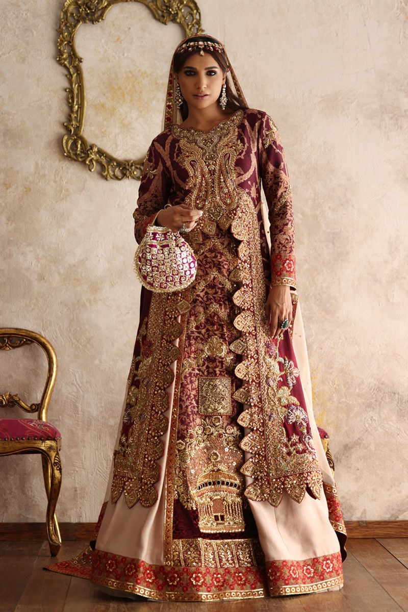 Pakistani Maroon & Beige Embroidered Silk Bridal Lehenga (3-Piece) - Image 2