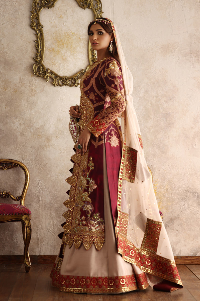 Pakistani Maroon & Beige Embroidered Silk Bridal Lehenga (3-Piece) - Image 5