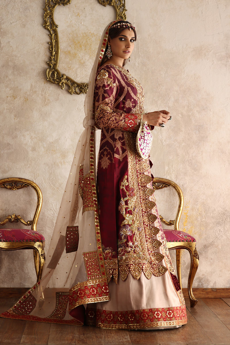 Pakistani Maroon & Beige Embroidered Silk Bridal Lehenga (3-Piece) - Image 6