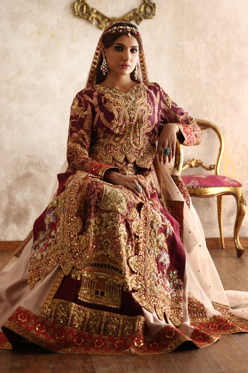 Pakistani Maroon & Beige Embroidered Silk Bridal Lehenga (3-Piece) - Image 7